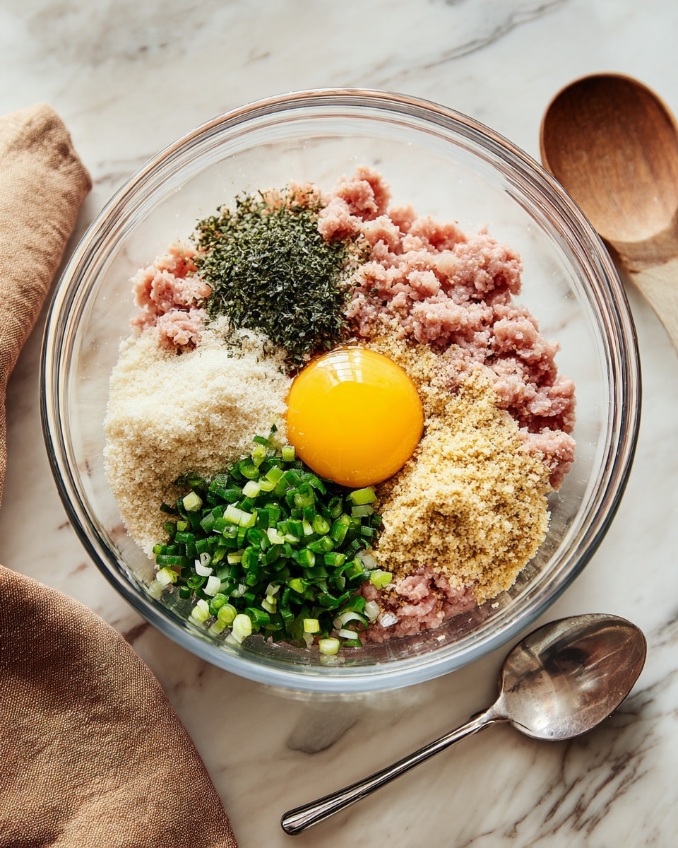 A clear glass bowl sits on a white marbled surface, holding layers of ingredients before mixing. The bottom layer is light pink ground meat, arranged roughly in four parts inside the bowl. On top of this, there’s a small mound of pale yellowish-brown breadcrumbs on the right, a bright yellow raw egg yolk slightly off-center, a heap of finely chopped light green onions near the center, a pile of light beige grated cheese on the left, and a small amount of dark green dried herbs placed above the egg yolk. To the right of the bowl is a silver spoon resting on the white marbled surface, and to the bottom left, part of a folded brown cloth is visible. photo taken with an iphone --ar 4:5 --v 7