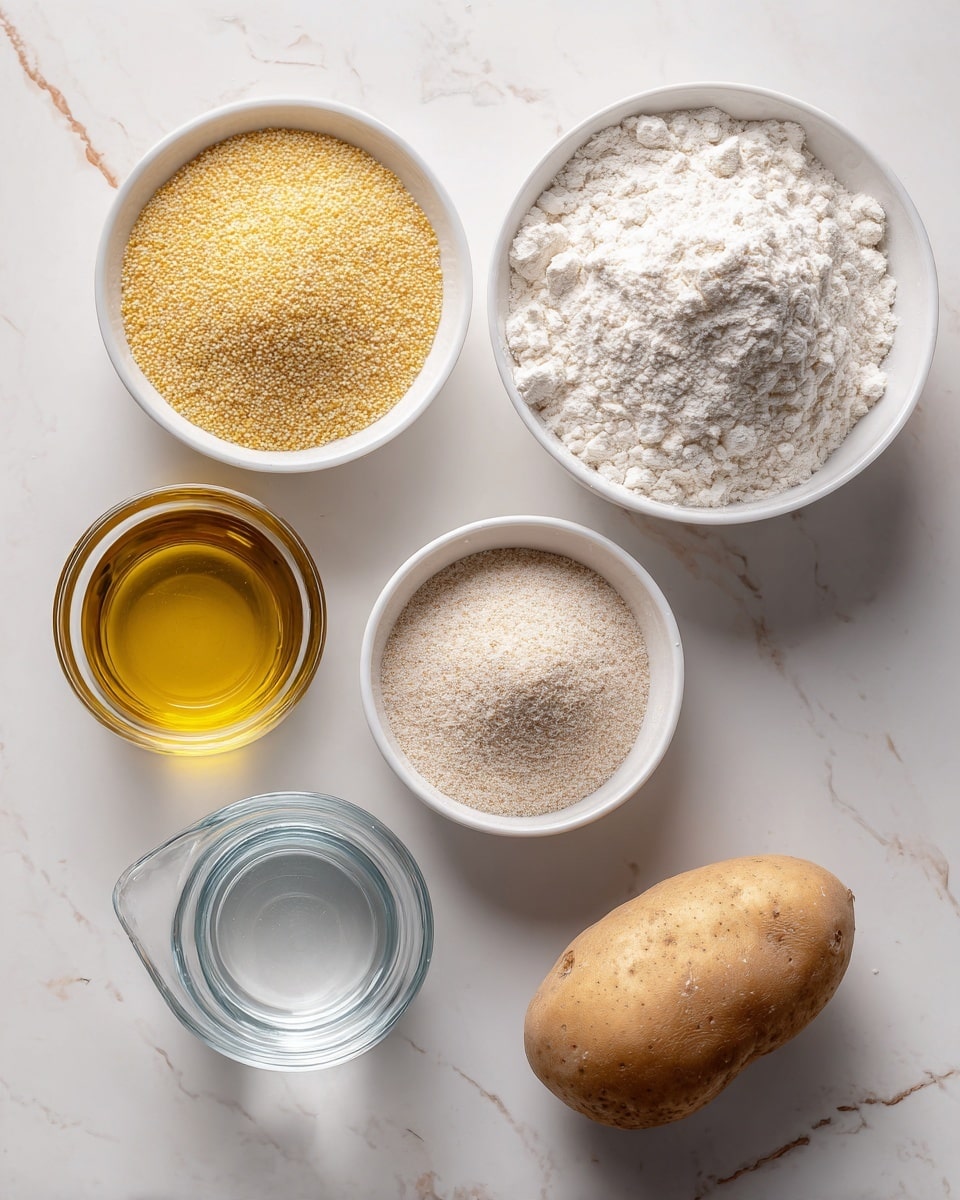 The image shows six cooking ingredients arranged on a white marbled surface. At the top right, there is a white bowl filled with white flour that has a soft, powdery texture. Next to it on the left is another white bowl holding pale yellow cornmeal with a fine, grainy texture. Below them, there is a small clear glass filled with golden yellow oil, positioned slightly to the left. Below the glass, there is a white cup with fine beige yeast powder. To the left bottom corner, there is a small glass jug filled with clear water. At the bottom right, there is a single light brown potato with a smooth but slightly speckled skin. All items are neatly spaced and the photo was taken with an iphone --ar 4:5 --v 7