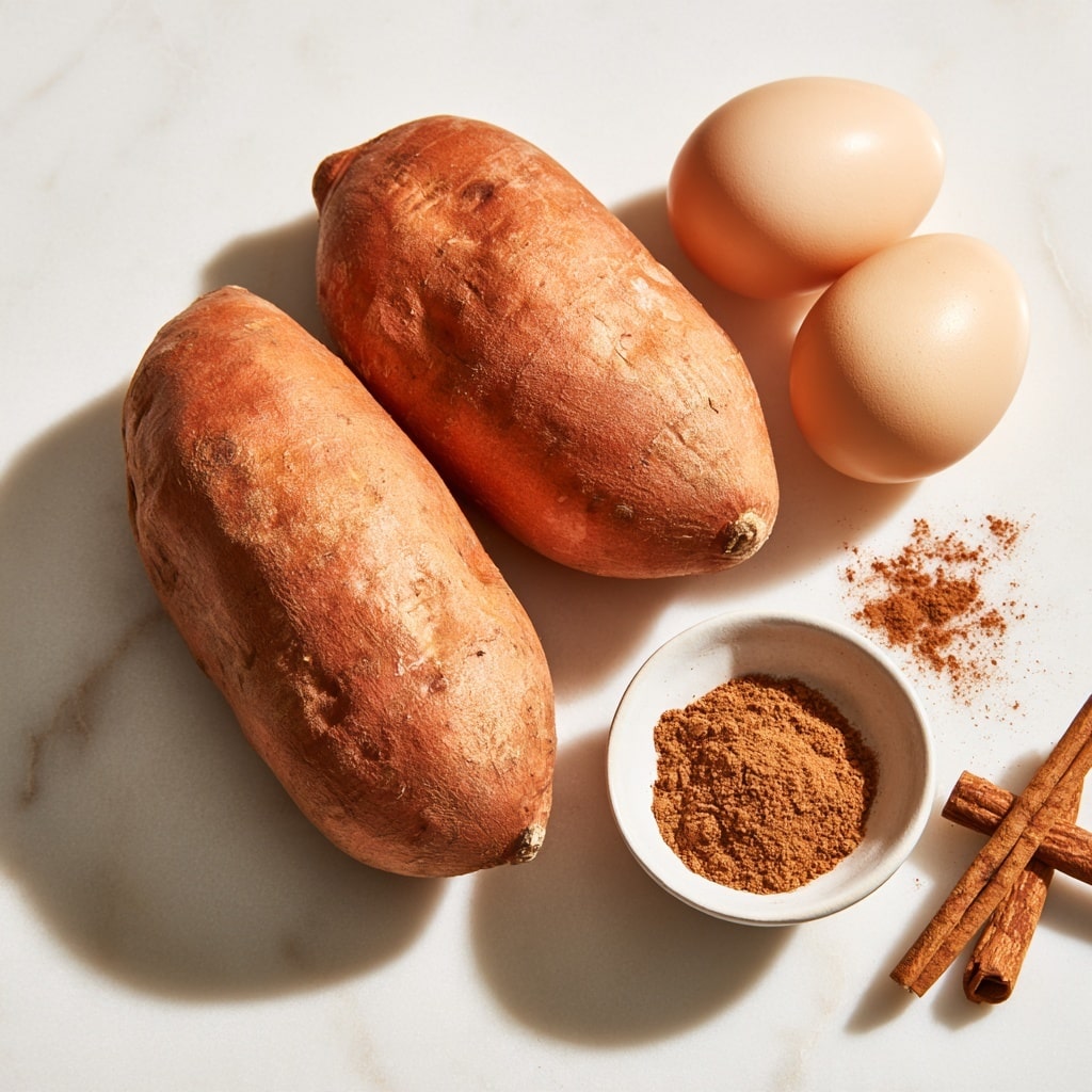 A clear glass bowl sits on a wooden cutting board shaped like a paddle, placed on a white marbled surface; inside the bowl is one layer of mashed sweet potato, bright orange in color with a slightly chunky texture, and a silver fork resting on the left side inside the bowl. Nearby, two whole brown eggs are on the upper part of the white marbled surface, with two whole sweet potatoes placed on the upper left side. A white spoon filled with ground cinnamon is on the bottom right side, and a folded light pink cloth is at the lower left corner. Photo taken with an iphone --ar 4:5 --v 7