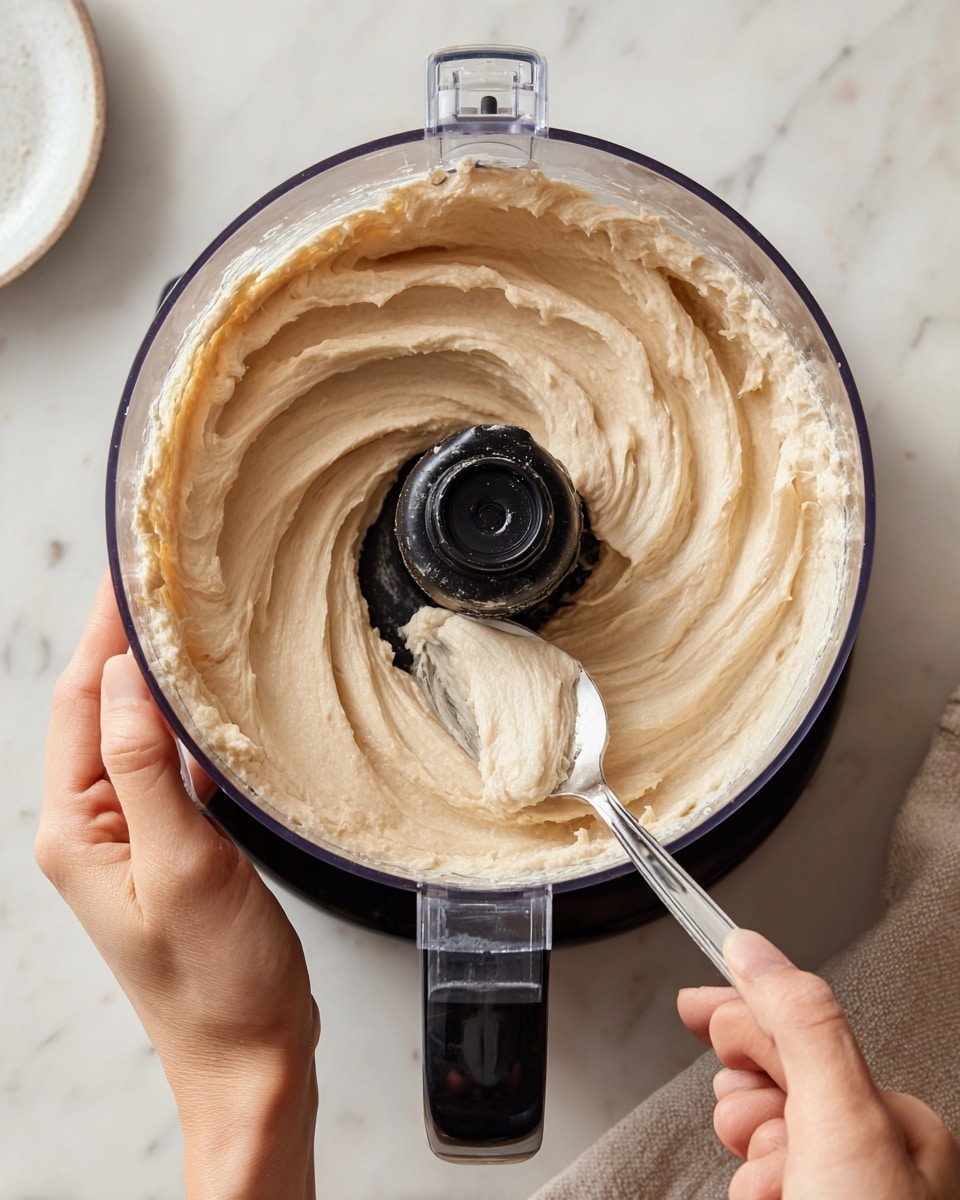 The image shows a clear round mixing bowl attached to a black food processor base filled with smooth, creamy, light beige dough or batter. The batter swirls around the center black blade, showing thick, soft texture with slight folds. A woman's hand grips the bowl handle firmly on the left side while another woman's hand holds a silver spoon touching the batter on the right side. The background is a white marbled surface with a beige cloth slightly visible on the bottom right corner. photo taken with an iphone --ar 4:5 --v 7