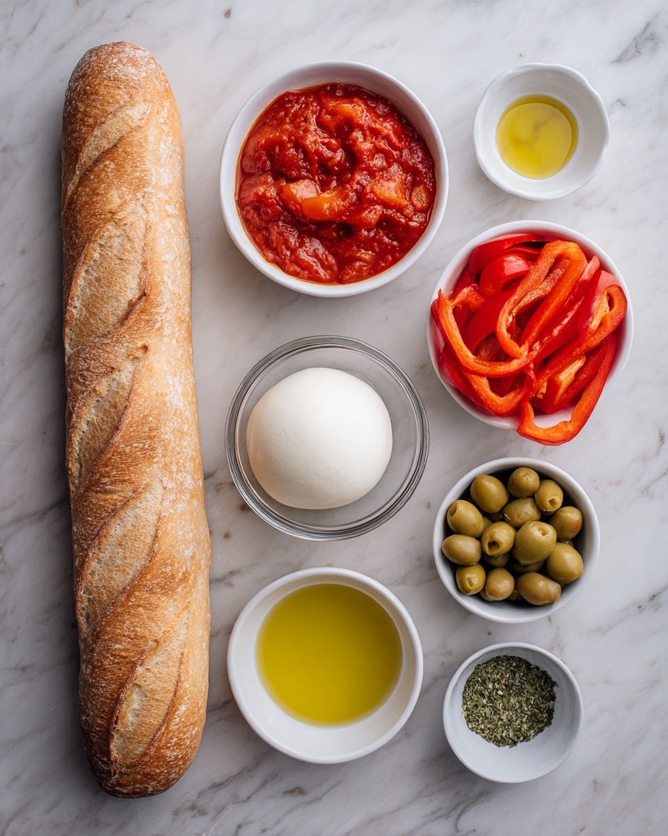 The image shows a single long baguette on the left side with a crusty, golden brown texture. To the right, there are six small white bowls arranged in two vertical lines; the top left bowl has thick red tomato sauce with visible chunks, below it is a clear glass bowl with a smooth white ball of mozzarella cheese, and underneath that is a small bowl with golden olive oil. On the top right, one white bowl holds thinly sliced red bell peppers, below it is a bowl filled with green olives, and at the bottom right is a bowl with dried green herbs. All items are placed on a white marbled surface. Photo taken with an iphone --ar 4:5 --v 7