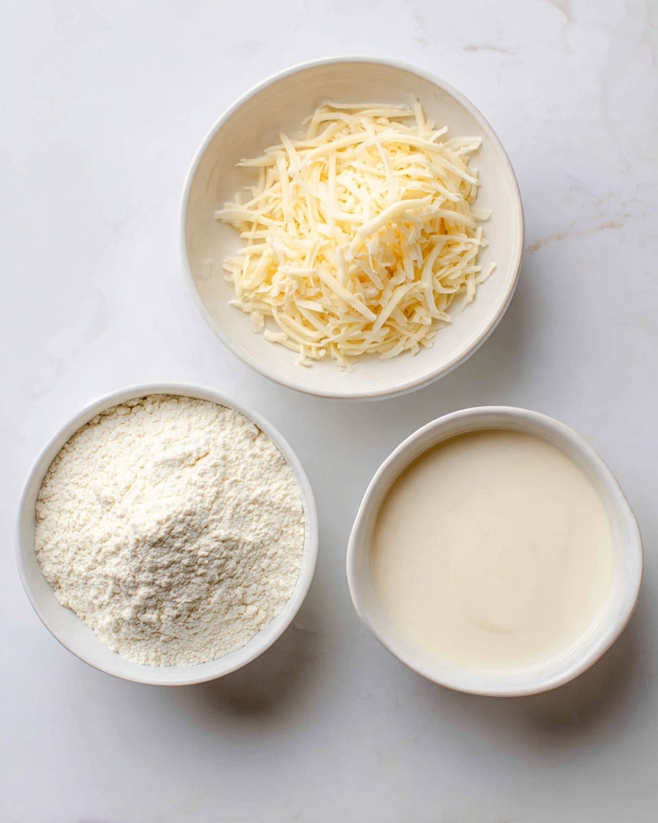 The image shows three white bowls placed on a white marbled surface. The first bowl, positioned at the bottom left, is filled with a fine white powder, likely flour, with a soft, textured surface. The second bowl, at the top left, contains shredded pale yellow cheese with thin, curly strands piled loosely. The third bowl, at the right, holds a smooth, off-white creamy liquid with a slightly glossy surface. The bowls are simple and clean, arranged with enough space between them for clear visibility of each ingredient photo taken with an iphone --ar 4:5 --v 7