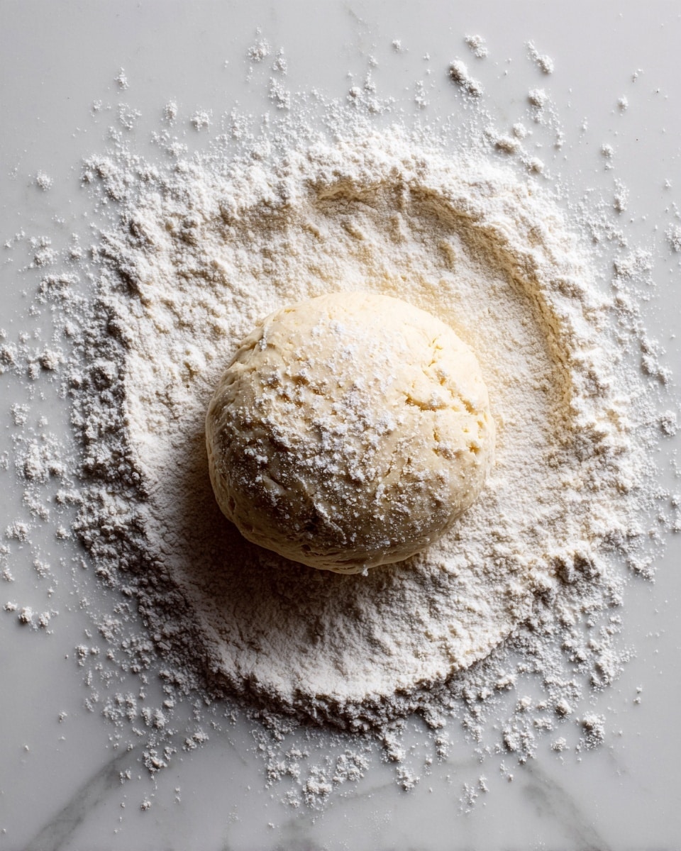 A round ball of pale dough sits in the center on a white marbled surface, lightly dusted with a circle of white flour around it. The dough has a soft, slightly textured surface and looks smooth but with small wrinkles. The flour around the dough is uneven, creating a natural, scattered ring. photo taken with an iphone --ar 4:5 --v 7