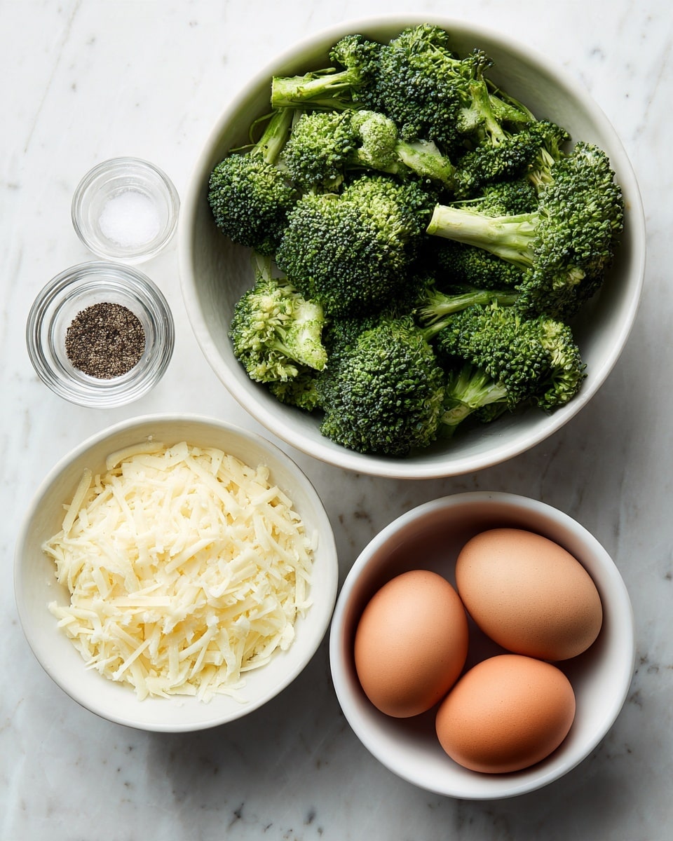 The image shows four items placed on a white marbled surface. There is a white bowl filled with fresh, green broccoli florets with textured, bumpy tops and lighter green stalks. Next to it is a smaller white bowl holding two brown eggs with smooth shells. Below these is a white bowl filled with finely shredded white cheese with a soft, crumbly texture. Above and between the bowls is a small clear glass container holding salt and black pepper divided evenly. Photo taken with an iphone --ar 4:5 --v 7