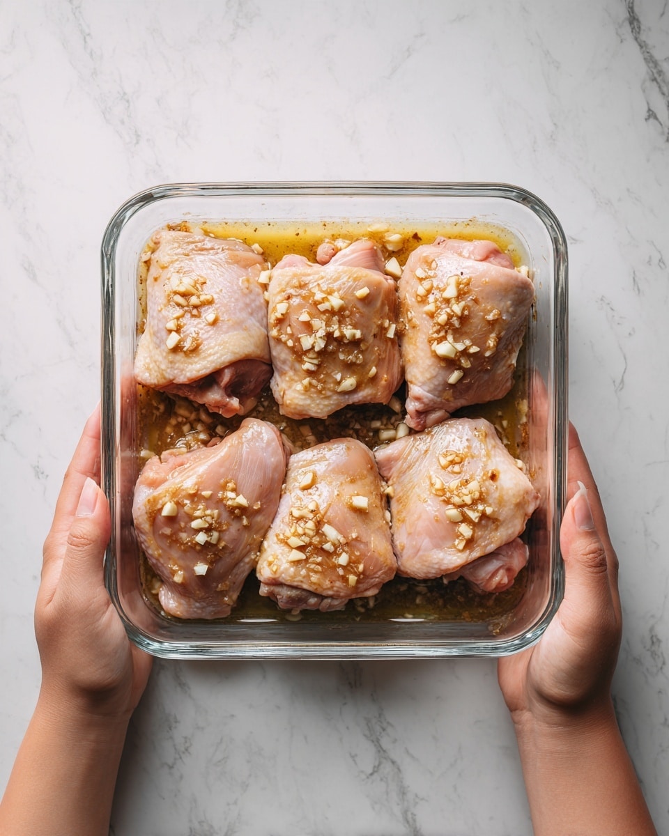 The image shows six ingredients arranged on a white marbled surface. In the center, there is a white bowl filled with three large pieces of raw pink chicken thighs with smooth, moist textures. Above it, on the left side, is a small pale green bowl holding six soft yellow butter blocks. To the left of the butter, a grey bowl contains five garlic cloves with white and light purple skins. Above the chicken, slightly to the right, a small clear glass bowl holds ground black pepper in a fine, powdery form. To its right, there is a small clear glass cup filled with a dark brown liquid, likely soy sauce. On the bottom right, there is a small bunch of fresh green parsley with broad leaves and visible veins. The ingredients are neatly spaced with bright, natural lighting. Photo taken with an iphone --ar 4:5 --v 7