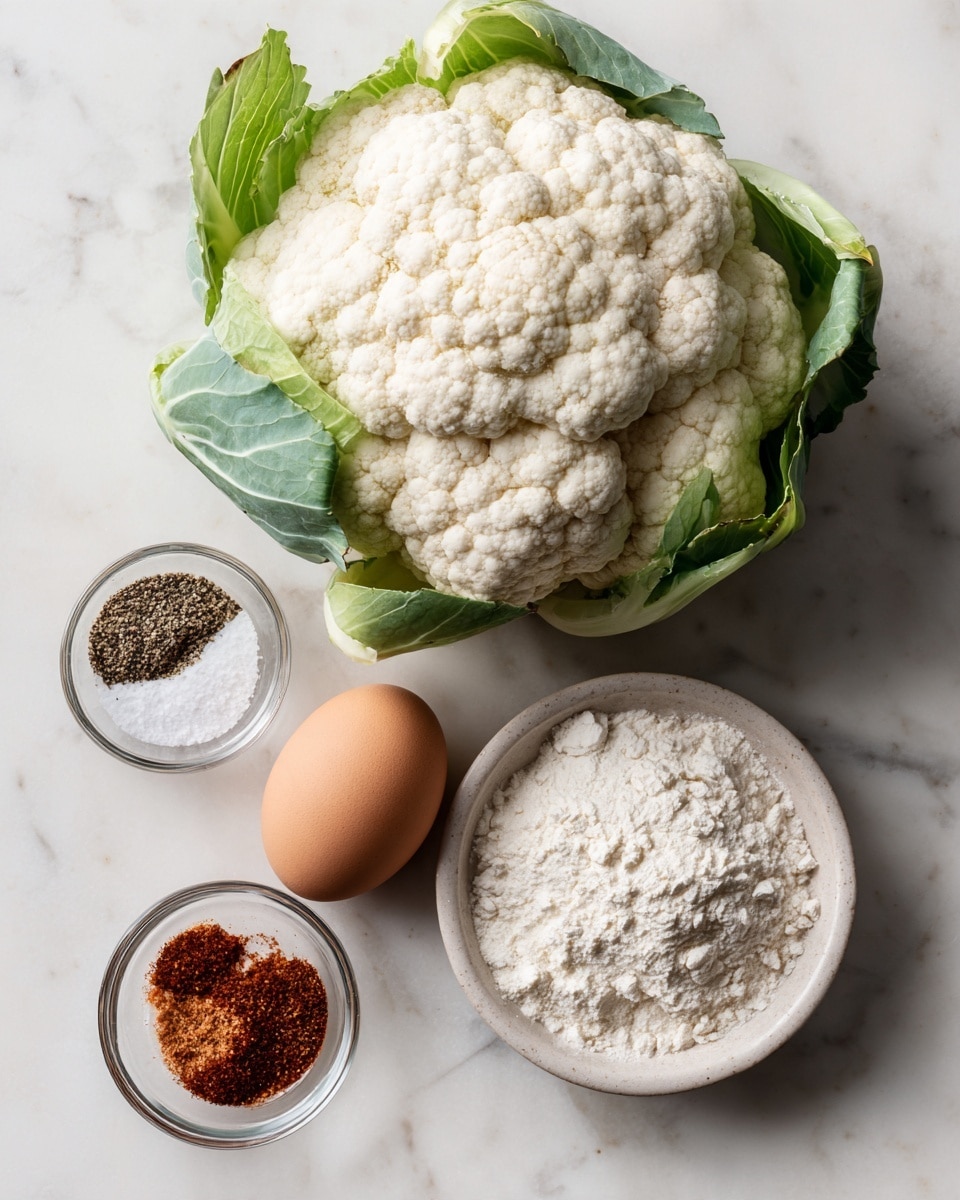 The image shows a whole head of white cauliflower with a few green leaves on the left side. On the right side, there is a brown egg and below it, a small round white bowl filled with white flour. Next to the egg is a tiny clear glass bowl containing three sections of spices: black pepper, white salt, and reddish-brown paprika. All items are arranged on a white marbled surface. photo taken with an iphone --ar 4:5 --v 7