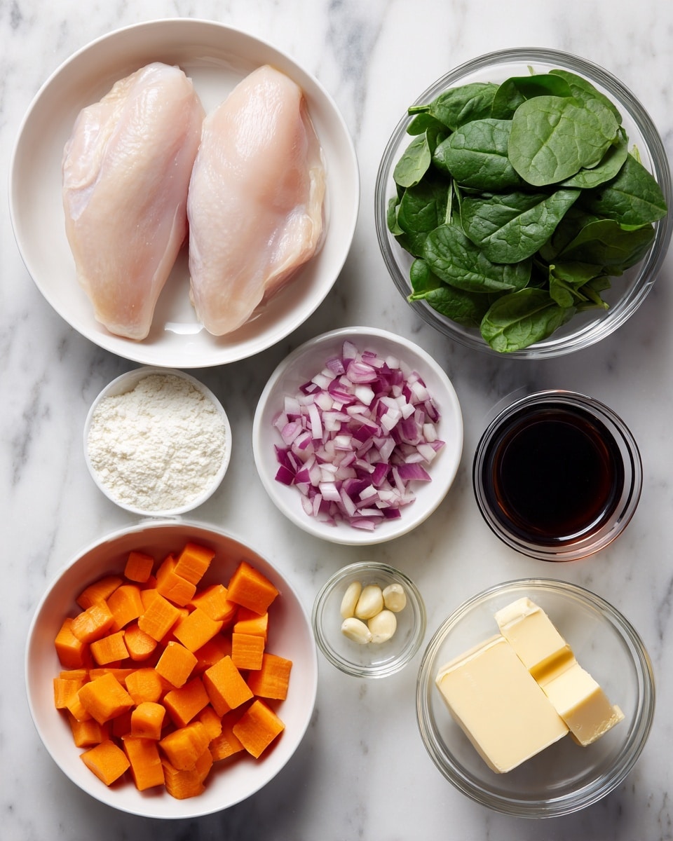 The image shows a white bowl with two raw chicken pieces on the top left, surrounded by smaller white bowls containing chopped orange carrots, chopped red onions, sliced green celery, fresh green spinach leaves, white flour, a small amount of dark soy sauce or similar dark liquid, black rice in a clear glass bowl, white creamy substance (possibly yogurt or cream) in a small glass container, cubed light yellow butter in a clear glass bowl, and a tiny glass bowl with minced garlic, all placed on a white marbled surface photo taken with an iphone --ar 4:5 --v 7