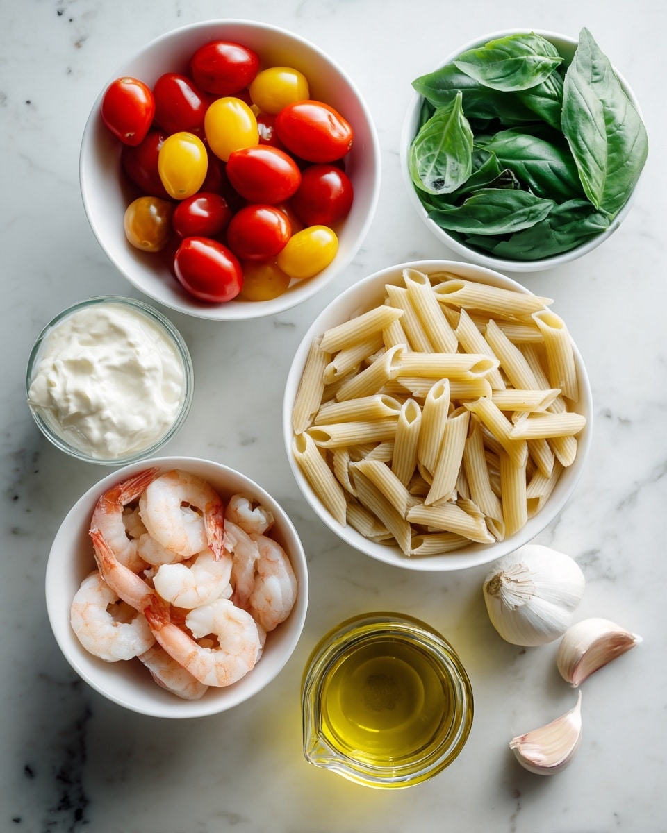 The image shows seven food items arranged on a white marbled surface. In the center, there is a white bowl filled with uncooked penne pasta, light beige in color and tube-shaped. Below it, another white bowl holds several cooked shrimp, pink with a slightly shiny and curved texture. To the left, a white bowl contains red and yellow small oval cherry tomatoes, smooth and glossy. Above the pasta bowl, another white bowl is filled with fresh dark green basil leaves with a somewhat matte finish. To the right of the basil, there is a white bowl filled with smooth white creamy yogurt or sour cream. Near the bottom right corner, a clear glass bottle containing golden yellow olive oil sits beside two garlic cloves with light pinkish brown skin. photo taken with an iphone --ar 4:5 --v 7