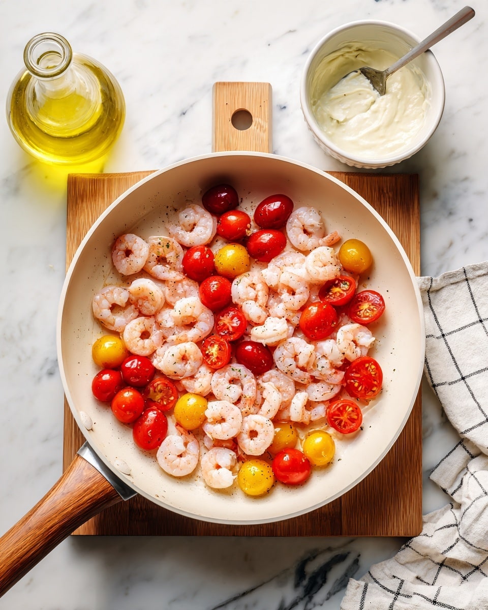 In a white frying pan with a light brown wooden handle, there are two layers of food: the bottom layer is light pink shrimp scattered all over the pan, and the top layer has a mix of halved red and yellow cherry tomatoes placed mostly in the center. The pan sits on a wooden board atop a white marbled surface. To the upper right of the pan, there is a small white bowl with spoonfuls of creamy white sauce and a transparent bottle filled with yellow oil. A white cloth with black grid lines is partially visible in the lower right corner. Photo taken with an iphone --ar 4:5 --v 7
