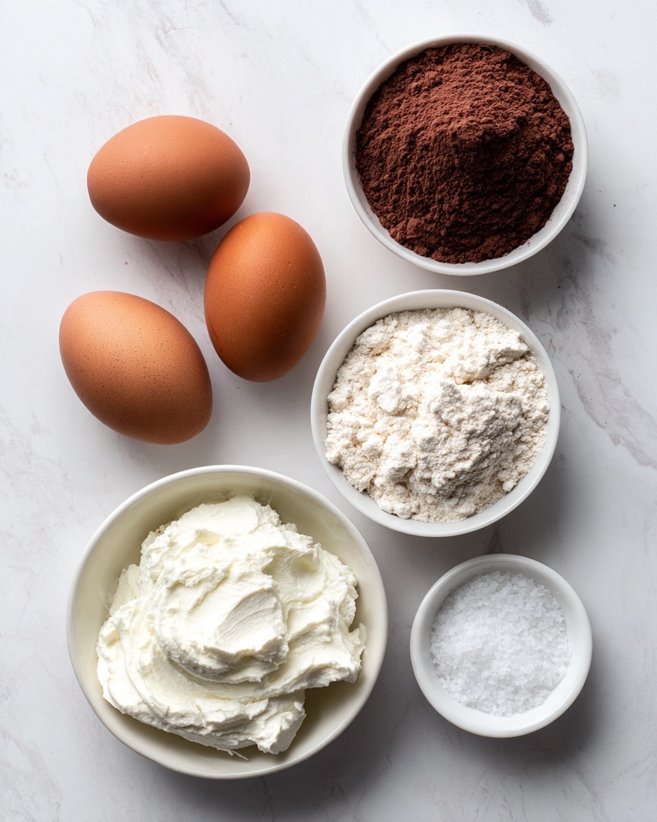 The image shows five ingredients arranged on a white marbled surface: two brown eggs, a small white bowl with dark brown cocoa powder, a small white bowl with light brown almond flour, a small white bowl with white soft cream cheese, and a smaller white bowl filled with white coarse salt. The ingredients are spaced apart in a loose circle formation, all in white bowls except the eggs which are bare. Photo taken with an iphone --ar 4:5 --v 7