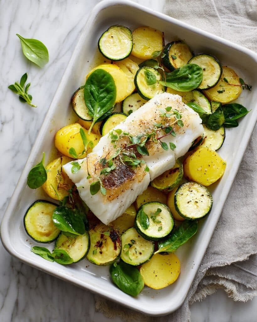 Oven Baked Fish with Lemon, Garlic, and Roasted Vegetables Recipe