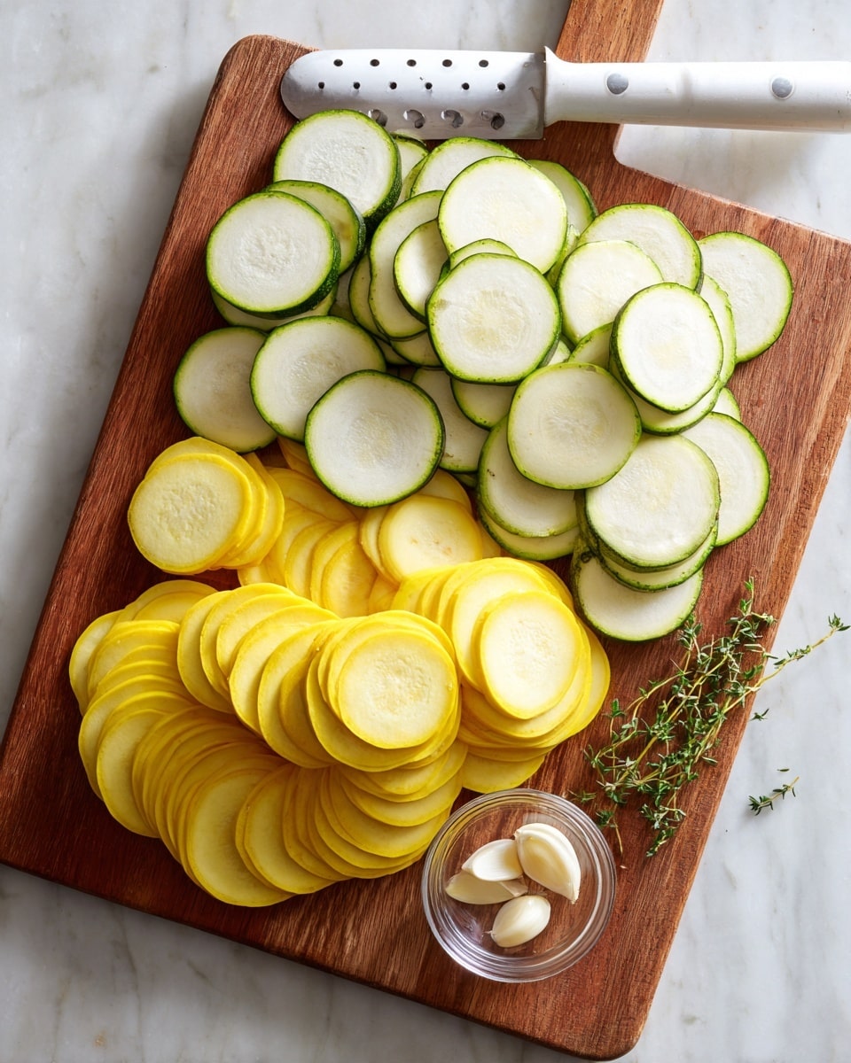 A white mandoline slicer with a black handle lies on the top left corner of a brown cutting board with white edges, placed on a white marbled surface. The cutting board holds two main layers of thinly sliced rounds: pale green zucchini slices are stacked on the top right, slightly overlapping each other, while bright yellow squash slices form a similar pile at the bottom left. A small clear glass bowl with a single garlic clove is placed near the top right side of the zucchini pile. A small sprig of thyme rests diagonally across the yellow squash slices. Photo taken with an iphone --ar 4:5 --v 7