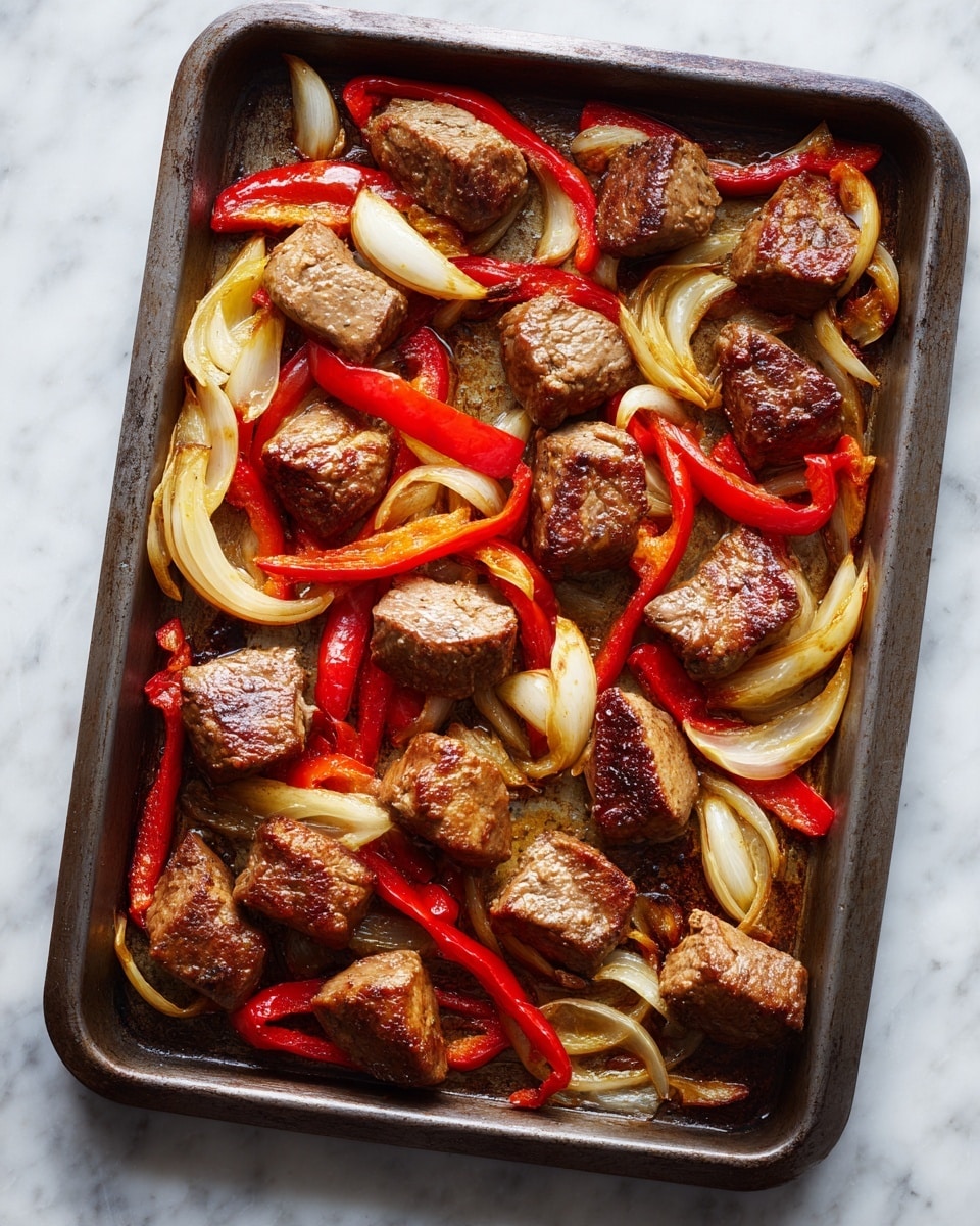A dark metal baking tray holds a mix of cooked food laid out flat. There are about eight pieces of browned meat, each with a slightly shiny, textured surface showing a rich brown color. Interspersed among the meat are thin strips of red bell peppers with a bright red color and a soft texture, along with curved, sliced onions that are pale yellow and slightly translucent. The pieces are spread out evenly across the tray, resting on a white marbled surface. photo taken with an iphone --ar 4:5 --v 7