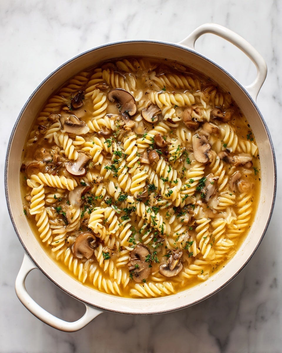 A large white pot with two handles is filled with a single layer of light yellow spiral pasta floating in golden broth, with small pieces of light brown mushrooms spread throughout. The broth looks clear and slightly oily, covering the pasta almost entirely. The pot sits on a white marbled surface. Photo taken with an iphone --ar 4:5 --v 7