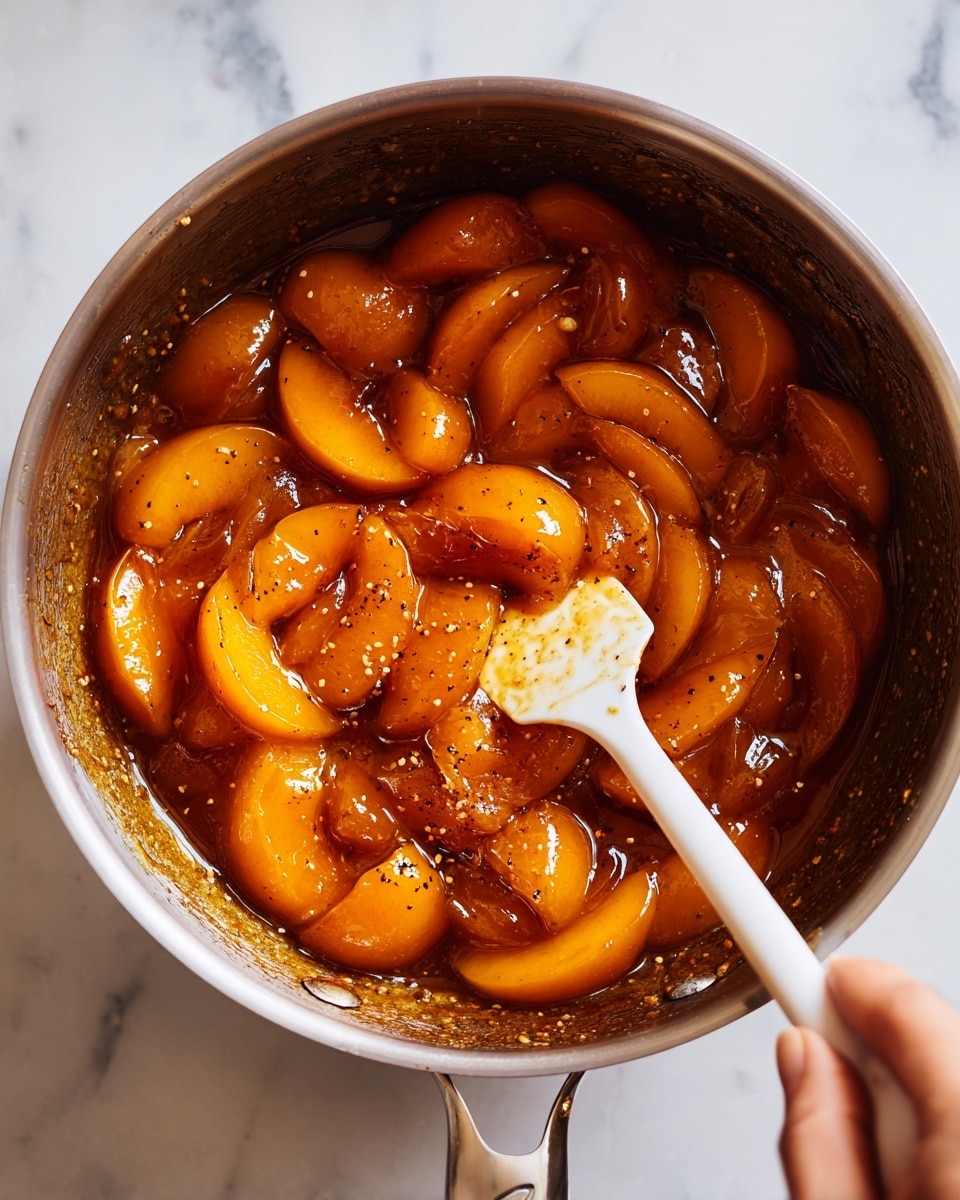 A close-up shows a cooking pot filled with thick, glossy orange-brown peach slices in a syrupy sauce. The sauce has a shiny, smooth texture with some visible spices giving it a speckled look. The peach slices are soft and layered evenly throughout the pot, coated well by the rich sauce. On the right side, a white spatula with some sauce smudges is held by a woman's hand, resting inside the pot. The background shows a white marbled surface. photo taken with an iphone --ar 4:5 --v 7
