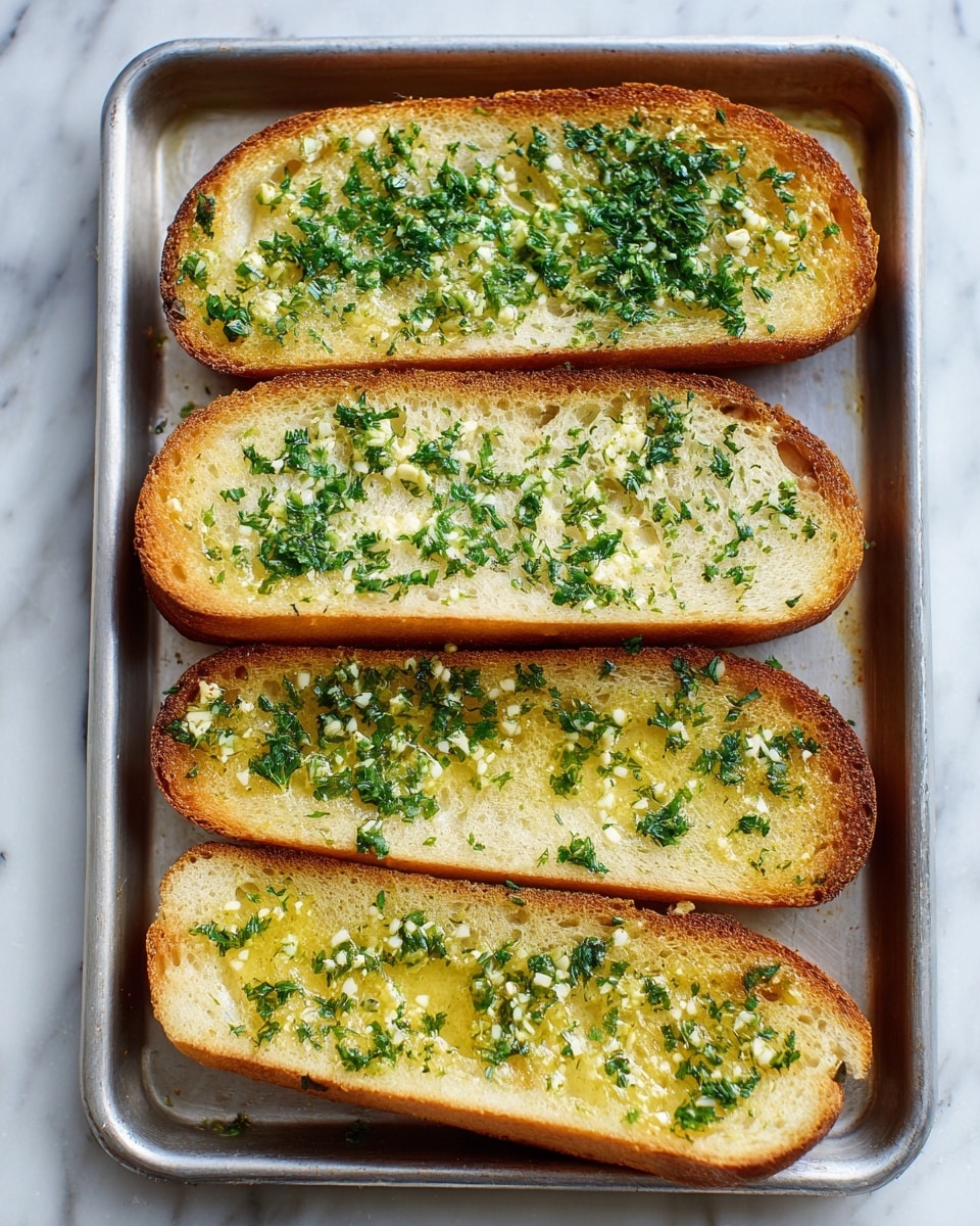 The image shows four long slices of toasted bread laid out on a metal baking tray, placed on a white marbled surface. Each bread slice has one visible layer topped evenly with a spread of melted butter mixed with finely chopped green herbs, mostly parsley. The bread edges are lightly browned, indicating a crisp texture, while the middle part looks soft with the herb mixture absorbed into the surface. The bread slices form two rows with two slices in each row, showing a rectangular shape with rounded ends. Photo taken with an iphone --ar 4:5 --v 7