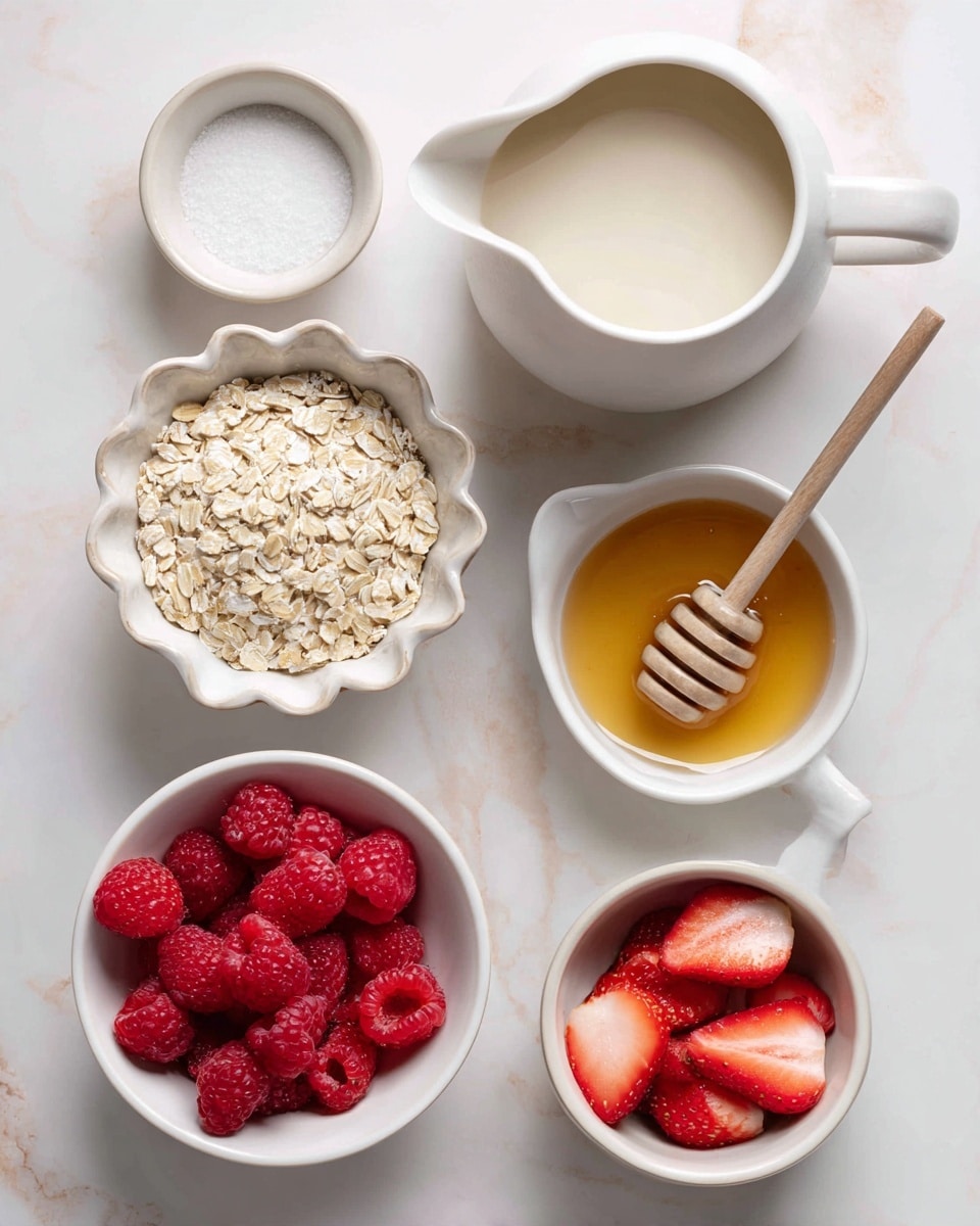The image shows a top view of six white containers on a white marbled surface. In the center is a small white bowl filled with light beige oats, with a scalloped edge. Below that is a bigger white pitcher filled with a light creamy liquid. To its right is a small white bowl with white granulated sugar and a white spoon. Further right is a small white cup filled with golden honey and a wooden honey dipper resting inside. At the top right, there is a white bowl packed with bright red raspberries. At the bottom right, there is a small white bowl with fresh strawberry halves showing red flesh and green tops. The scene looks clean and fresh. Photo taken with an iphone --ar 4:5 --v 7