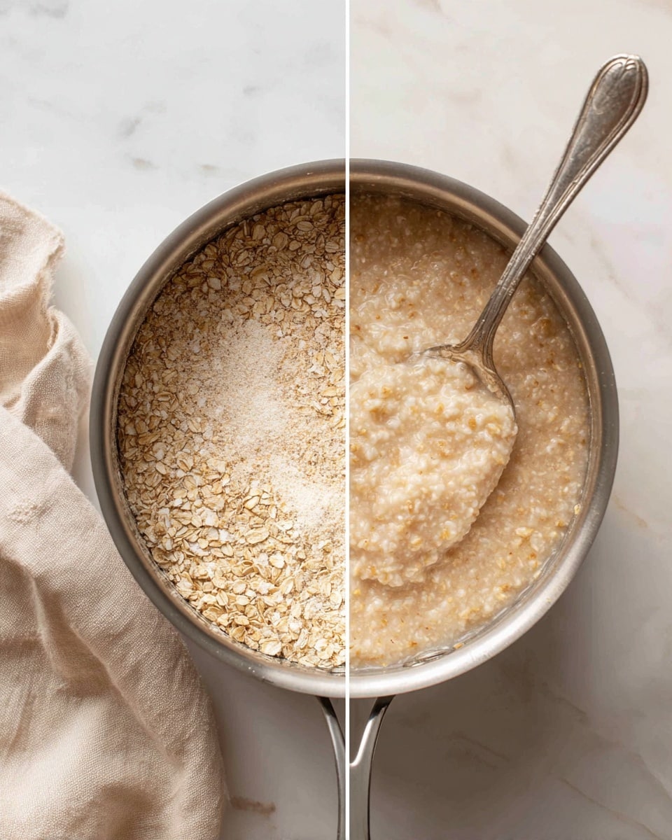 A two-panel image shows a stainless steel pot with oatmeal being cooked. In the left panel, the pot is filled with dry oats and liquid, creating a mix of creamy beige and light brown colors with smooth and grainy textures. In the right panel, the oatmeal has thickened, showing a softer, creamier texture with the oats more visible, stirred by a silver spoon resting inside the pot. The pot sits on a white marbled surface with part of a beige cloth visible nearby. Photo taken with an iphone --ar 4:5 --v 7
