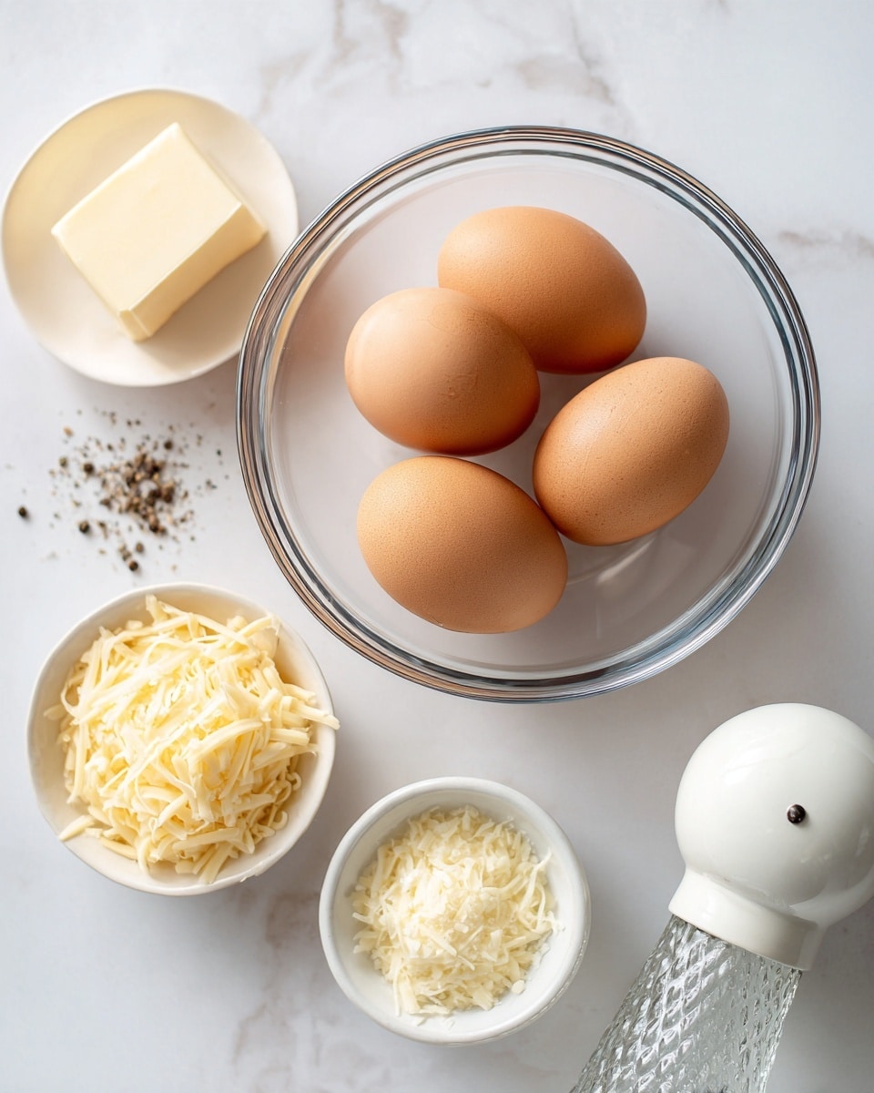 The image shows two white pots with brown handles on a white marbled surface. The pot on the left contains a yellow-orange liquid layer topped with a single layer of shredded pale yellow cheese, unevenly spread across the surface. The pot on the right is filled with soft, fluffy scrambled eggs that have a pale yellow color with a slightly creamy texture, mixed with a silver spoon resting in the pot. The eggs fill the pot almost to the rim with uneven clumps and a few small pockets of softer texture. Photo taken with an iphone --ar 4:5 --v 7