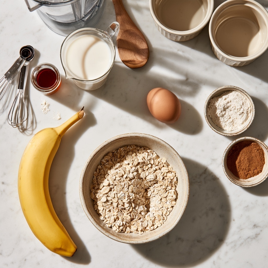 Inside a clear blender container on a white marbled surface, there is one peeled whole banana lying on its side forming a gentle curve. Around the banana, several layers of light tan rolled oats are scattered, mostly on the right side. To the right of the banana, a bright yellow raw egg yolk rests surrounded partially by oats. Below the banana and egg yolk, there is a small pile of brown ground cinnamon and a smaller pile of white powder, likely baking soda or baking powder. On the left side of the blender, partially surrounding the banana, there is a layer of white milk visible through the blender walls. The scene is softly lit with natural light. Photo taken with an iphone --ar 4:5 --v 7