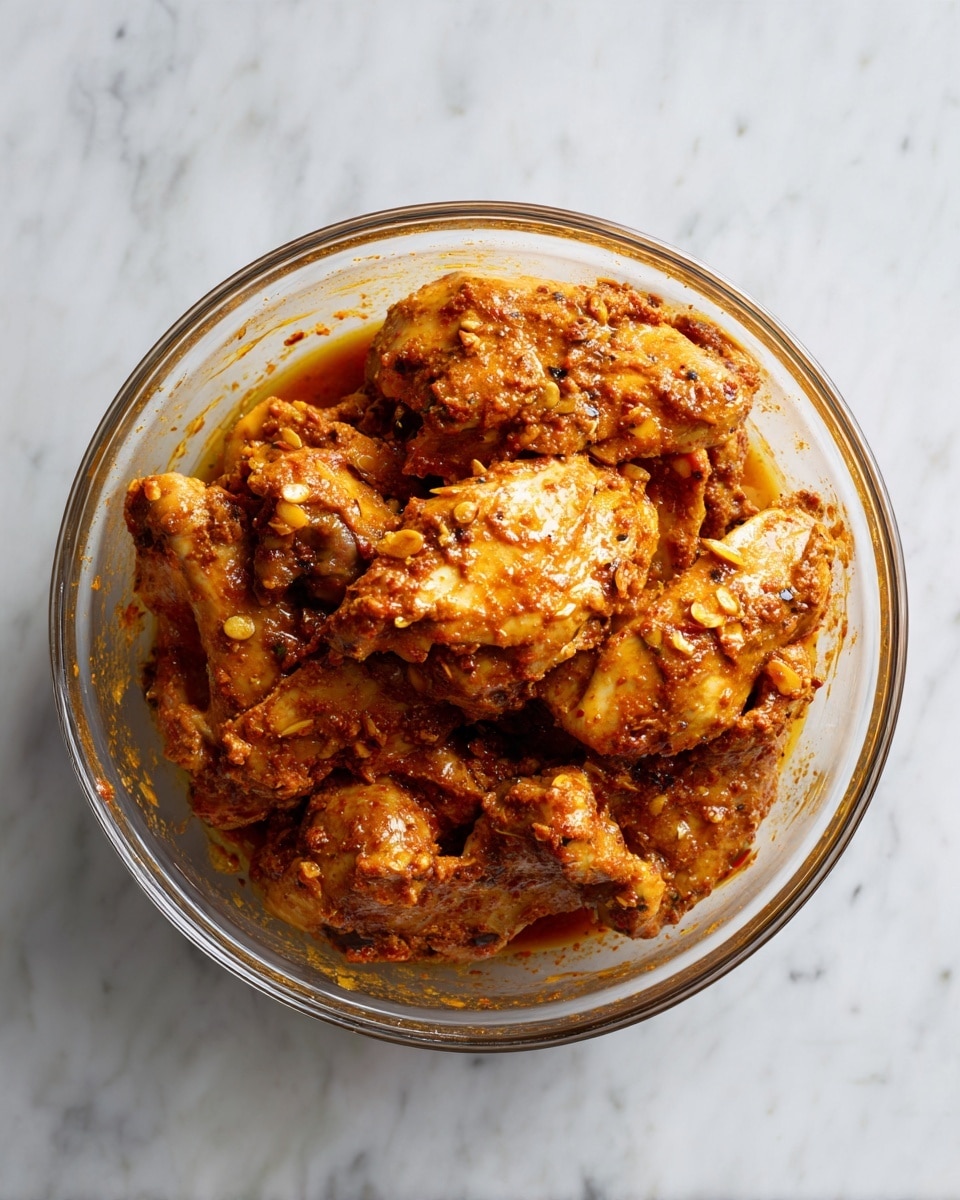A clear glass bowl filled with several pieces of chicken covered in a thick, orange-brown spice mix with visible bits of crushed spices and herbs. The chicken pieces are layered closely, showing different shapes and sizes, with some skin textured and shiny from the marinade. The bowl sits on a white marbled surface, and the spice mixture clings unevenly to the chicken, giving a rich, slightly rough texture. photo taken with an iphone --ar 4:5 --v 7