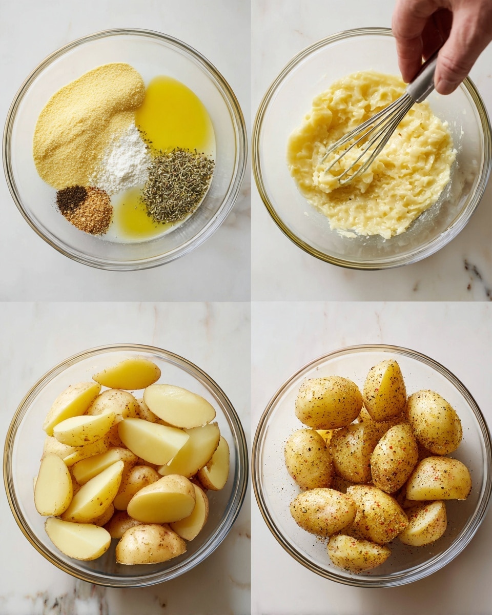 Four clear glass bowls sit on a white marbled surface, each showing a step in making a potato mixture. The first bowl holds dry and wet ingredients in separate piles: light yellow cheese powder, bright yellow oil, green and brown herbs, and ground black pepper. The second bowl shows a pale yellow, thick, grainy mixture with black pepper stirred together, with a woman's hand holding a whisk mixing it. The third bowl contains many red potatoes with smooth skin cut in halves and quarters, resting on top of the pale yellow base mixture. In the fourth bowl, the cut potatoes are evenly coated with the seasoning mix, creating a rough texture with specks of black pepper and herbs visible on the potatoes. Photo taken with an iphone --ar 4:5 --v 7