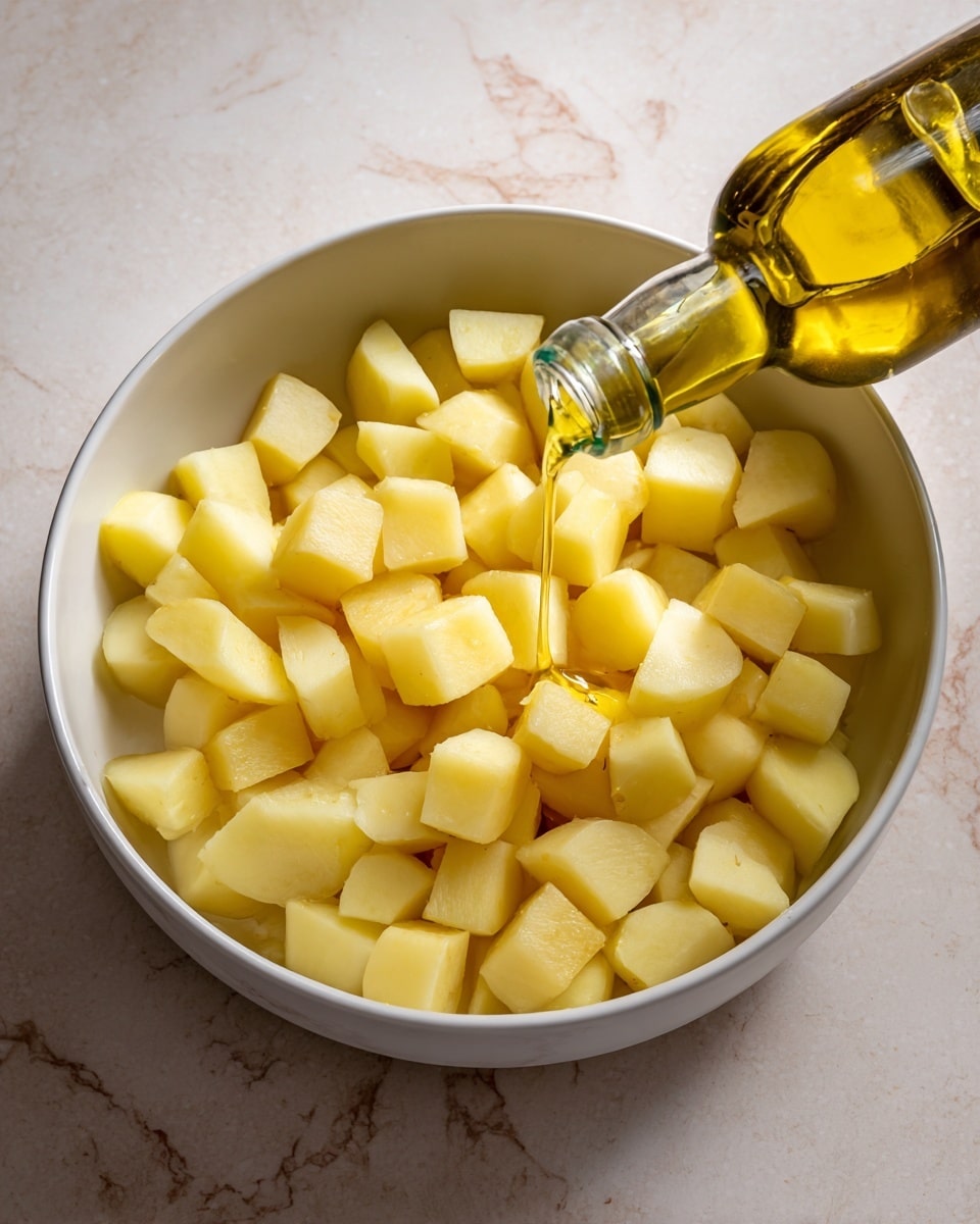A close-up top view of a white bowl filled with many small, pale yellow potato cubes, their smooth surfaces slightly shiny, scattered evenly inside the bowl. A clear glass bottle with golden-yellow olive oil is tilted at the lower right corner, pouring oil onto the potatoes. The bowl sits on a light-colored white marbled surface with soft brown streaks and subtle texture. The scene is bright and evenly lit, focusing on the fresh ingredients. photo taken with an iphone --ar 4:5 --v 7