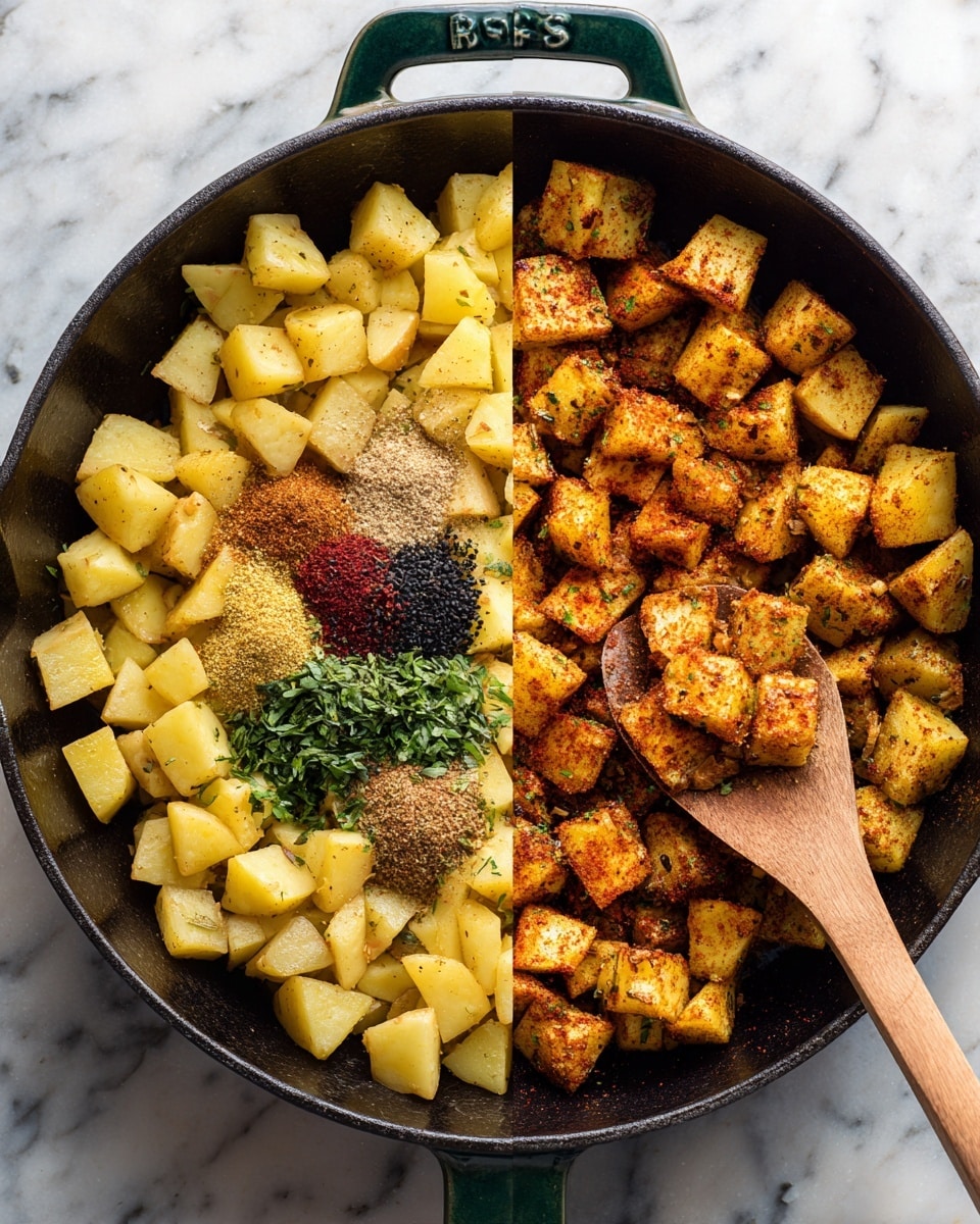 This image shows two side-by-side views of cubed yellow potatoes cooking in a dark green cast iron skillet on a white marbled surface. On the left side, the potatoes look partly cooked with a mix of pale yellow and light golden cubes. In the center of this skillet, there is a colorful pile of spices and chopped green herbs arranged in small piles of brown, dark green, red, and black. On the right side, the potatoes appear fully cooked to a golden brown with crispy edges and are evenly coated in the spices and herbs. A wooden spoon is placed inside the skillet, scooping some of the golden potato cubes. Photo taken with an iphone --ar 4:5 --v 7