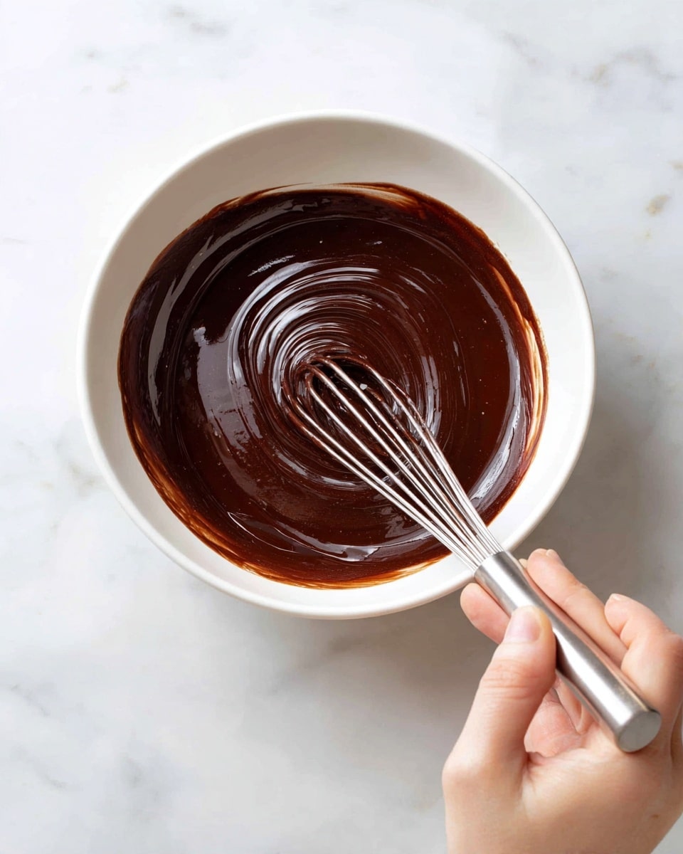 A white bowl filled with a dark brown, smooth, and glossy chocolate mixture being stirred with a silver whisk. The mixture has a shiny texture, and the whisk leaves visible swirls on the surface. A woman's hand is holding the whisk at the bottom right corner of the image. The bowl is placed on a white marbled surface. photo taken with an iphone --ar 4:5 --v 7