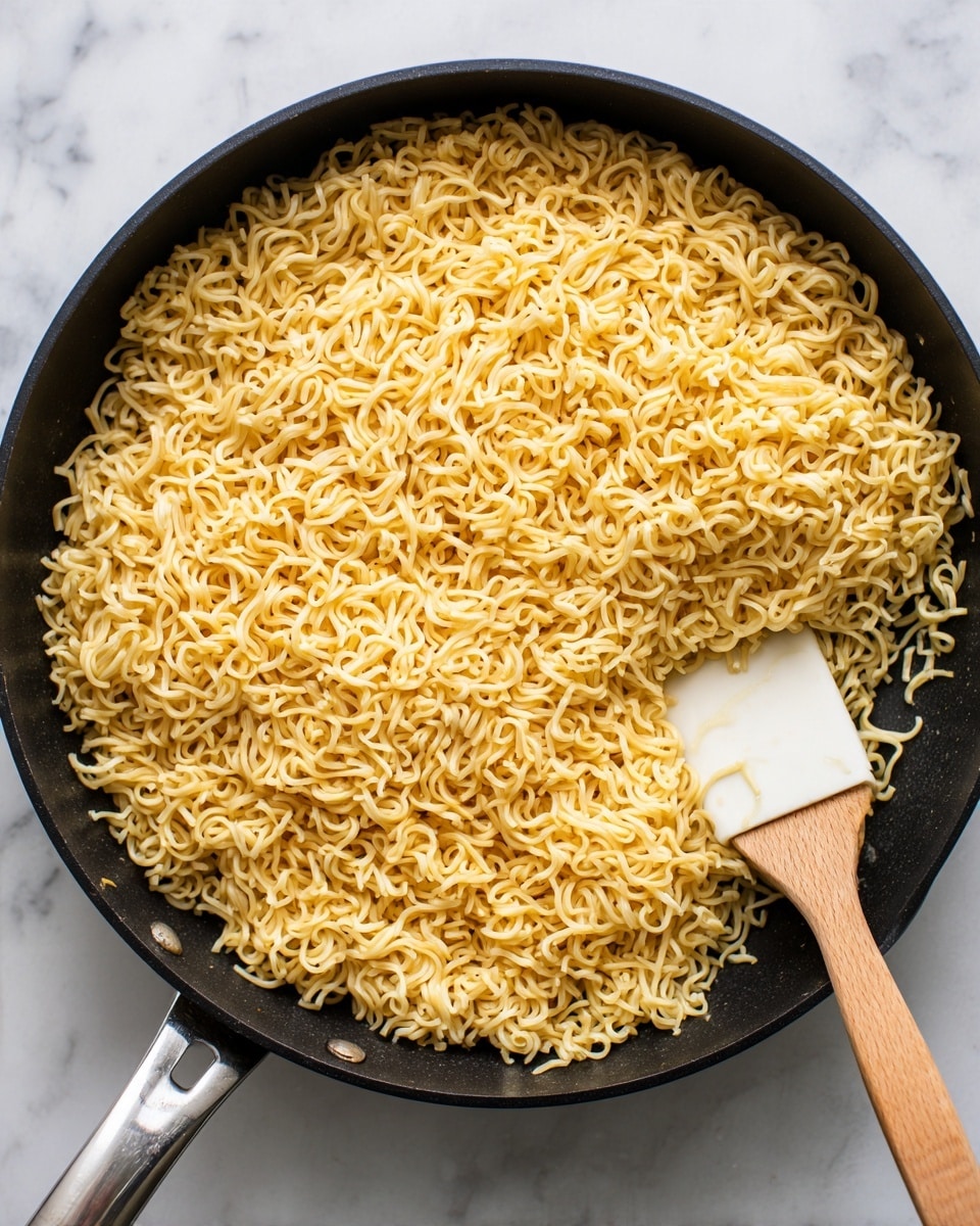 A black pan filled with a large amount of thin, short, golden-yellow toasted noodles that cover almost the entire pan surface except for a small area on the right edge, showing some loose noodle strands. A white spatula with a wooden handle is resting inside the pan on the right side, partially buried under the noodles. The pan is set on a white marbled surface. photo taken with an iphone --ar 4:5 --v 7