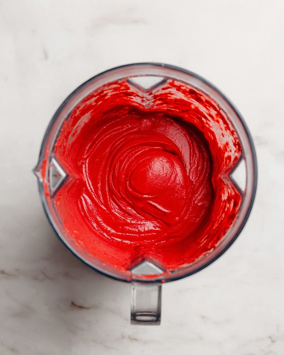 Inside a clear blender, there is a thick, smooth bright red mixture with a creamy texture. The mixture is evenly spread around the container, showing swirls and ridges from blending. The blender is placed on a white marbled surface that adds a clean look to the scene. There are no other layers or colors visible, just the vibrant red blended mixture inside the clear blender container photo taken with an iphone --ar 4:5 --v 7