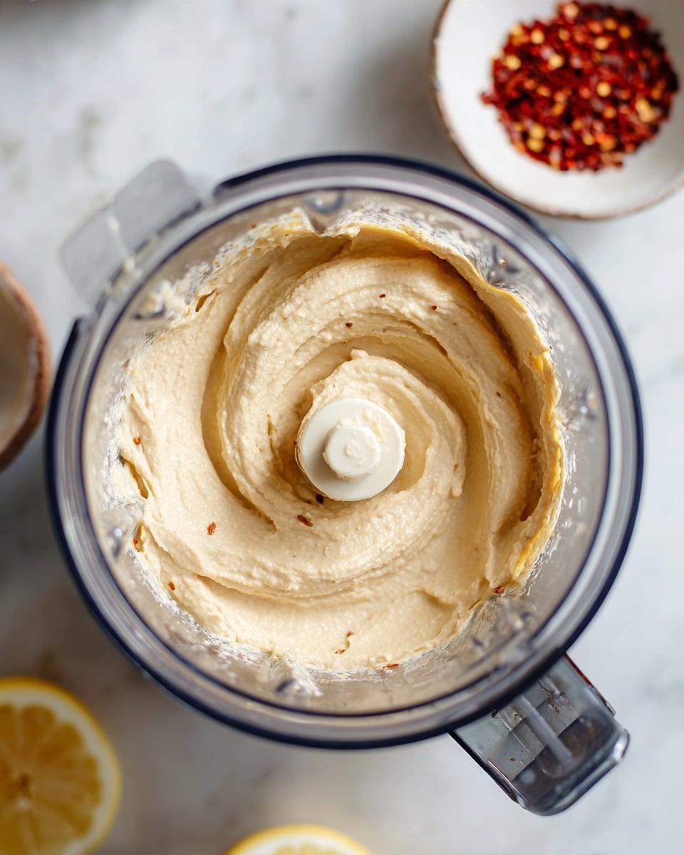 A close-up top view of a clear blender container filled with one thick layer of smooth, pale cream-colored hummus with soft swirls and a few small air pockets visible on the surface. The blender is placed on a white marbled surface. At the top right corner, partially in the frame, there is a small white bowl with crushed red pepper flakes inside, and at the bottom left corner, a halved lemon is partly visible. Photo taken with an iphone --ar 4:5 --v 7