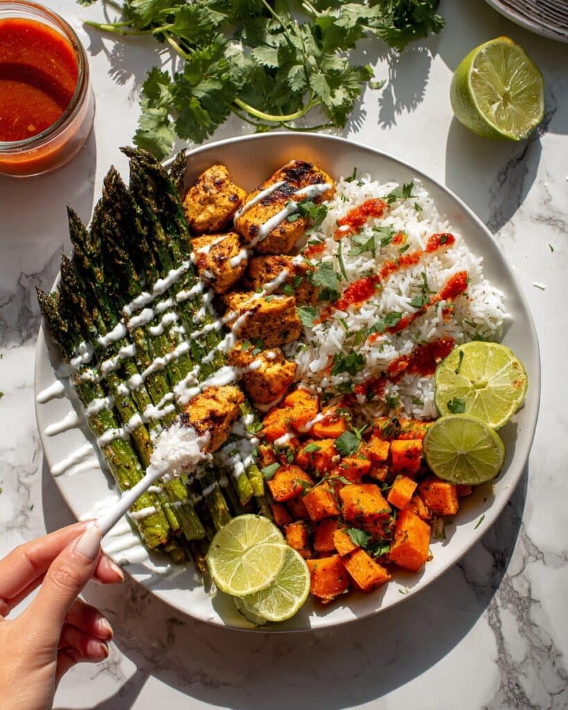 Easy Oven Gyoza Bowls with Sweet Potatoes, Asparagus, and Spicy Mayo Recipe
