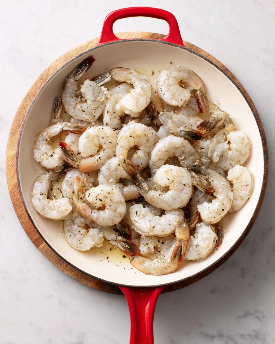 A round white pan with a red handle holds about two dozen raw shrimp spread out in layers. The shrimp are pale grayish-white with a slight shine, showing their raw texture and some dark veins and tails still attached. There is a light coating of oil giving a glossy look and some small black pepper flakes scattered on the shrimp. The pan sits on a wooden base on a white marbled surface. Photo taken with an iphone --ar 4:5 --v 7