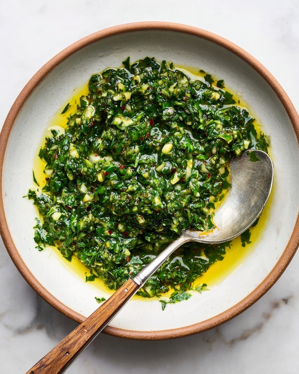 The image shows a bowl of bright green chimichurri sauce with a thick, chopped texture made up of finely minced herbs and small bits of garlic, all soaked in golden olive oil. The sauce is shiny and looks fresh, filling a white bowl with a light brown rim. A silver spoon with a wooden handle is resting inside the bowl, partially covered in the sauce. The bowl sits on a white marbled surface. photo taken with an iphone --ar 4:5 --v 7