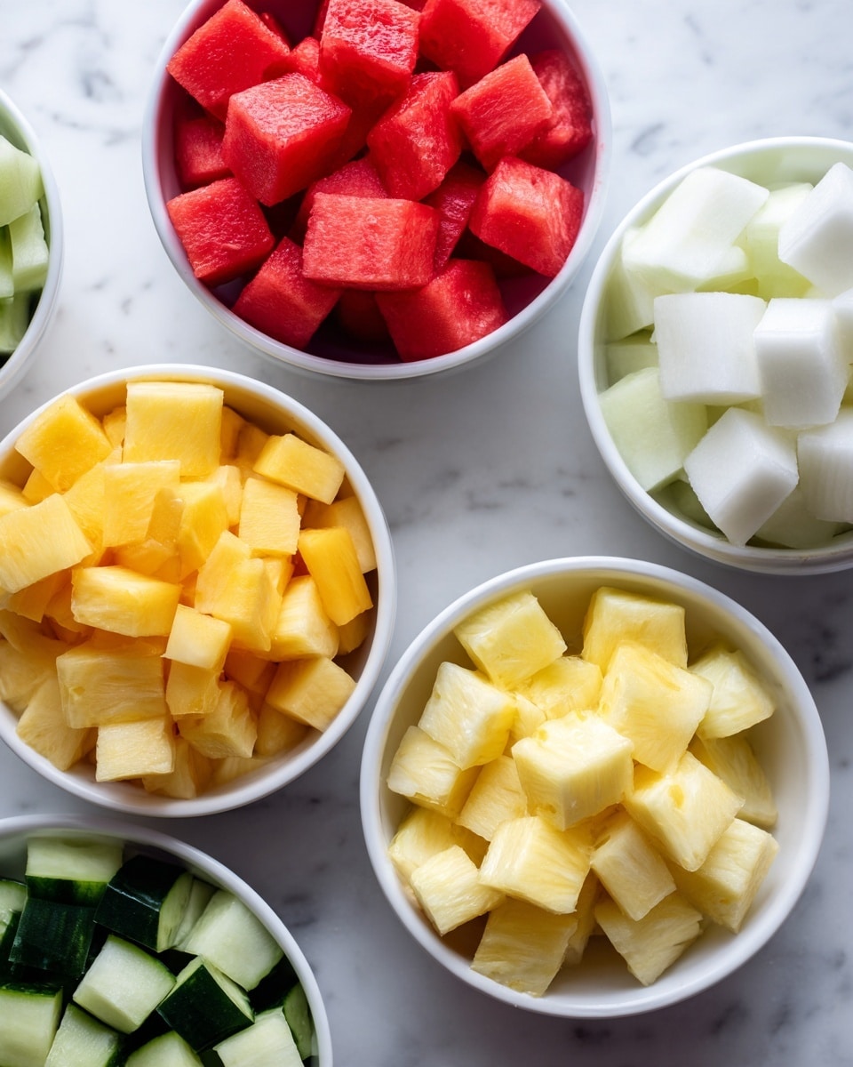 Five white bowls are placed on a white marbled surface. Each bowl is filled with neatly cut cubes of different fruits and vegetables. The top bowl contains bright red watermelon cubes, the bowl to the lower left has light yellow mango cubes, the bowl below the mango holds white jicama cubes, the smaller bowl near the center right is filled with dark green cucumber pieces, and the bottom right bowl is full of pale yellow pineapple cubes. The colors are vivid and the textures look fresh and juicy. photo taken with an iphone --ar 4:5 --v 7