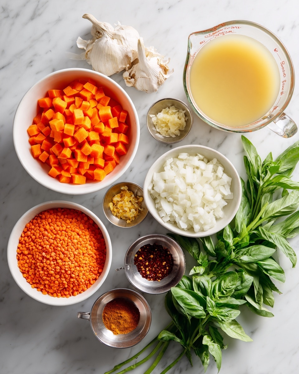 The image shows a collection of cooking ingredients carefully placed on a white marbled surface. There are four white bowls with bright orange diced carrots, chopped white onions, red lentils, and a small white bowl with a creamy white substance. Three small silver cups hold minced garlic, ginger, and a yellowish zest. Three more small silver cups contain deep red spices and a light-colored liquid. A measuring jug with light yellow broth is placed on the top right. Fresh green herbs, including cilantro and basil, are laid out on the right side to add vivid green colors. The arrangement is neat and colorful, showing a variety of textures and shades. photo taken with an iphone --ar 4:5 --v 7