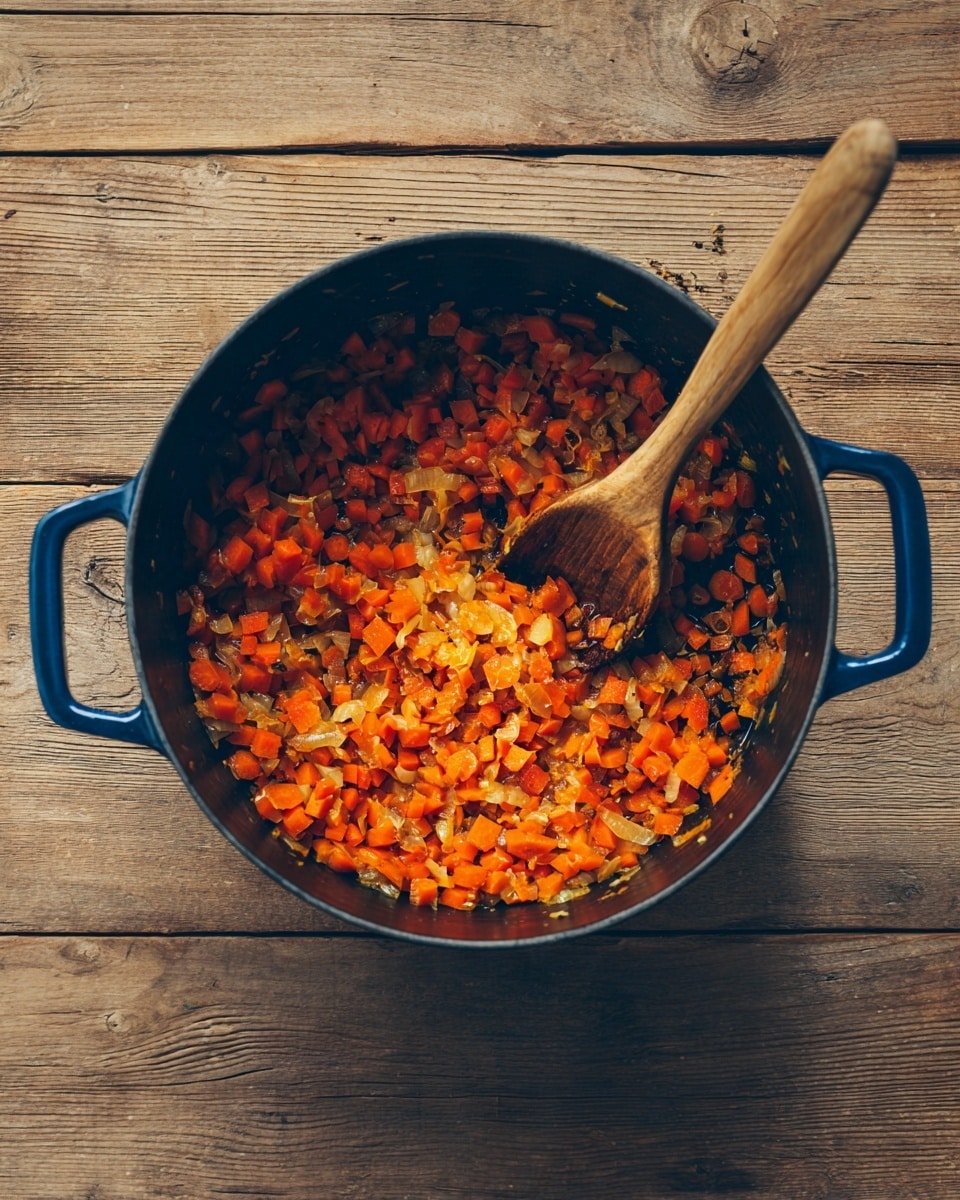 A black cooking pot with blue handles sits on a wooden surface, filled with a mixture of finely chopped orange carrots and translucent cooked onions. A wooden spoon rests inside the pot, partially coated with the cooked vegetables. The mixture spreads evenly across the bottom of the pot, showing soft textures and warm colors from the cooked vegetables. photo taken with an iphone --ar 4:5 --v 7