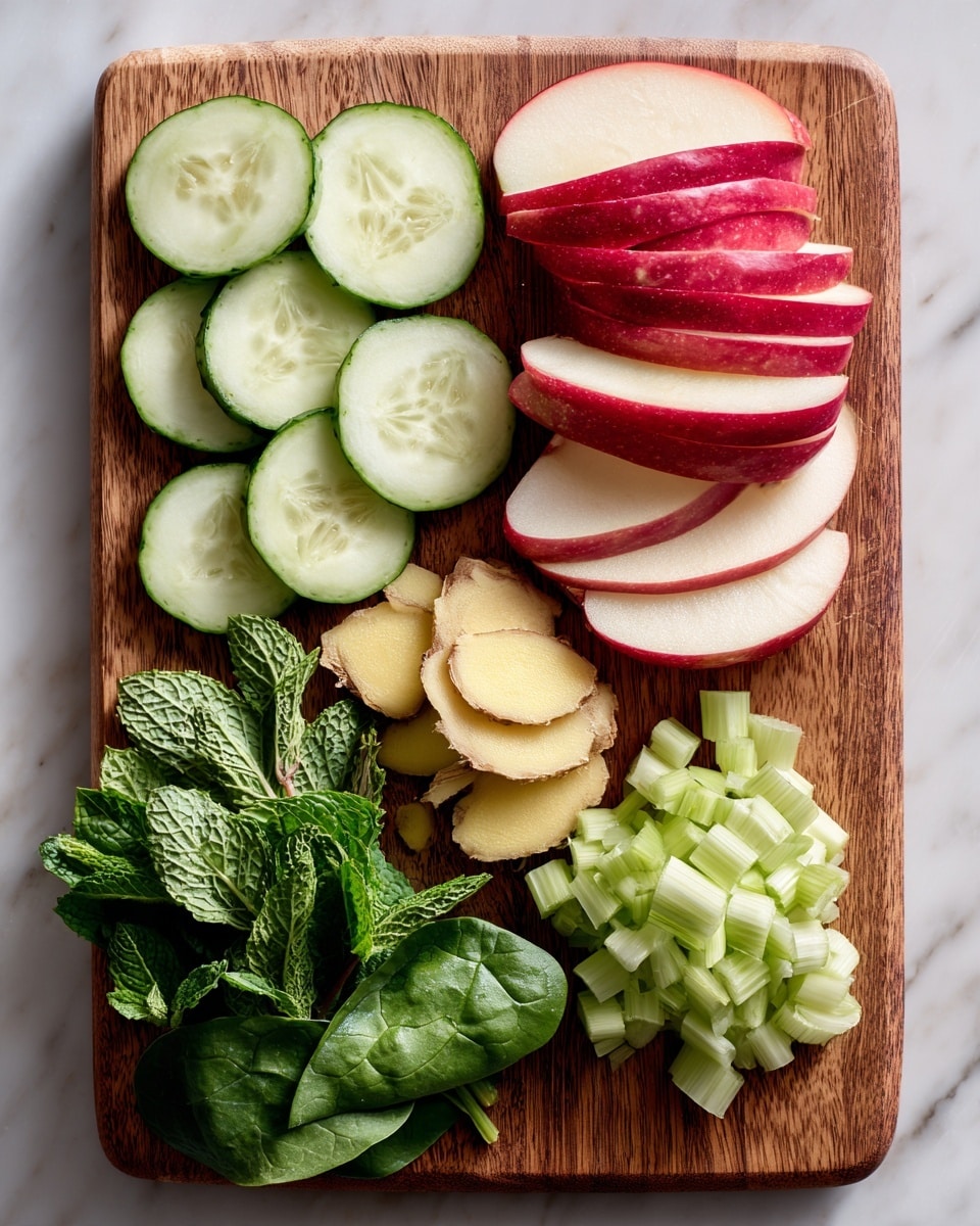 A wooden cutting board on a white marbled surface holds several fresh, neatly arranged ingredients: at the top, thick red apple wedges with bright cream flesh are stacked closely; below them on the left are round, light green cucumber slices with visible seeds, and next to these is a small pile of thin, pale yellow ginger slices. To the right of the ginger is a small stack of chopped light green celery pieces. At the bottom left corner, there are fresh green mint leaves with detailed veins, and to the right of them is a pile of dark green spinach leaves with a smooth texture. The overall look is clean, fresh, and colorful. Photo taken with an iphone --ar 4:5 --v 7
