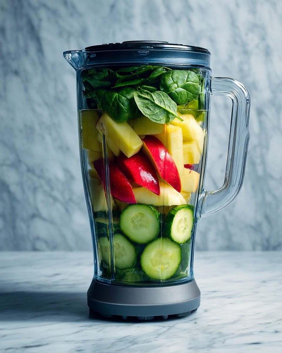 The image shows a clear blender filled with fresh fruits and vegetables arranged in layers. At the bottom, there are bright green cucumber slices with a smooth texture. Above the cucumber, a layer of light yellow apple pieces appears, followed by a layer of dark green spinach leaves that add a leafy texture. The top layer is made of red apple slices showing their shiny skins. The blender has a gray handle and a black lid, sitting on a surface with a white marbled texture. photo taken with an iphone --ar 4:5 --v 7