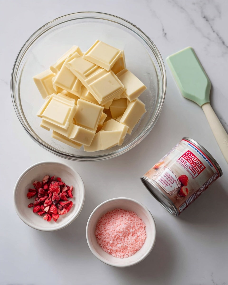The image shows a clear glass bowl filled with large, pale beige square pieces of white chocolate placed in the back center. In front of the bowl are two small white bowls; the one on the left contains small red bits resembling dried strawberries, and the one on the right holds pink granules that look like sugar. To the right of these bowls is a can of condensed milk with a red and white label. A light green silicone spatula rests on the white marbled surface next to the can. Photo taken with an iphone --ar 4:5 --v 7