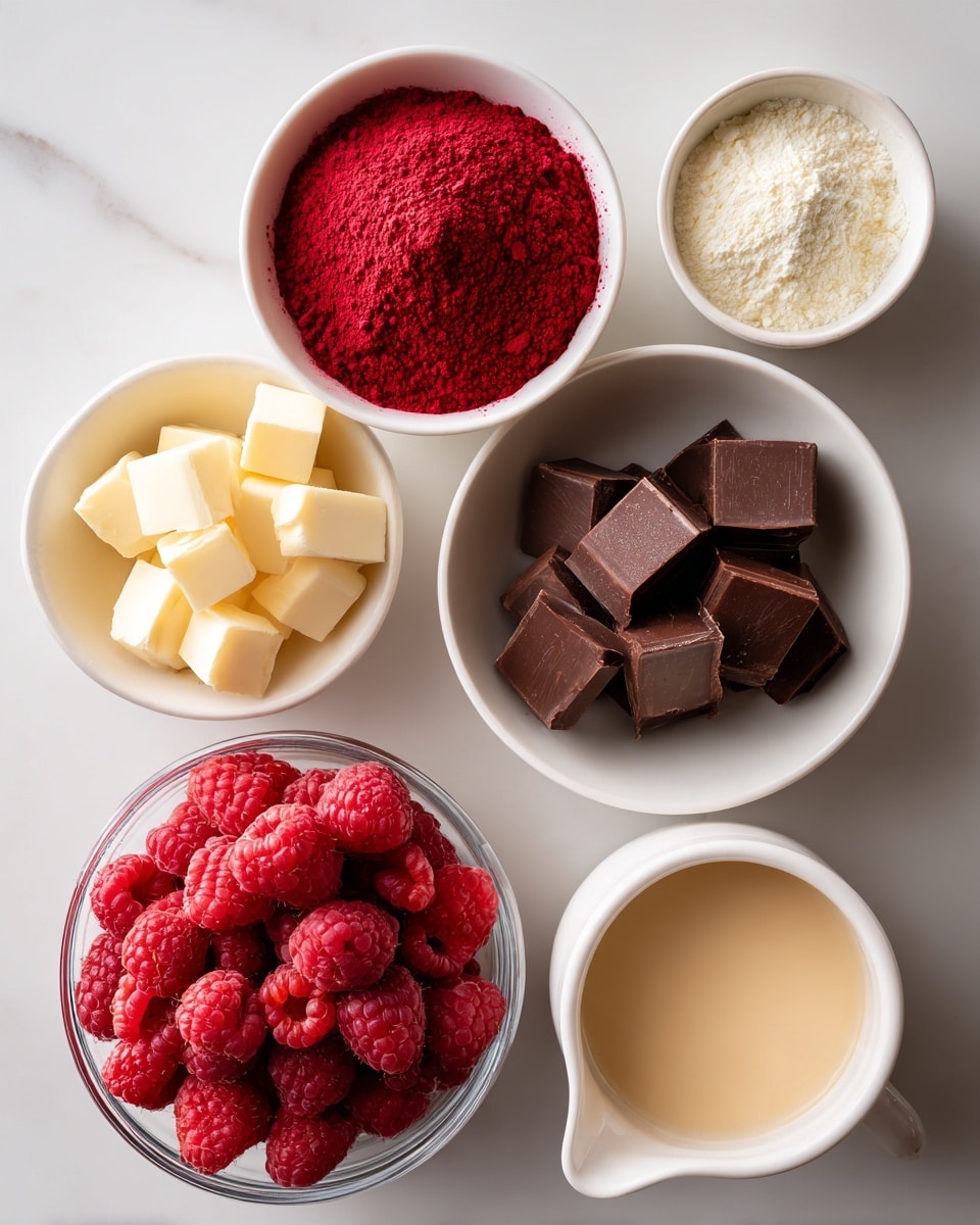 The image shows five bowls and a small pitcher arranged on a white marbled surface. In the center bottom, a clear bowl is filled with fresh, bright red raspberries. Above it, a white bowl holds chunky pieces of milk chocolate, dark brown and solid in texture. To the left of the chocolate, another white bowl contains small cubes of pale yellow butter. Above the butter, a smaller white bowl has small squares of creamy white chocolate. To the right of the white chocolate, a white pitcher is filled with a smooth beige liquid, likely cream. In the top left corner, a white bowl is filled with bright red powdered raspberries. The colors range from rich reds to soft yellows and browns, creating a warm, inviting look. photo taken with an iphone --ar 4:5 --v 7