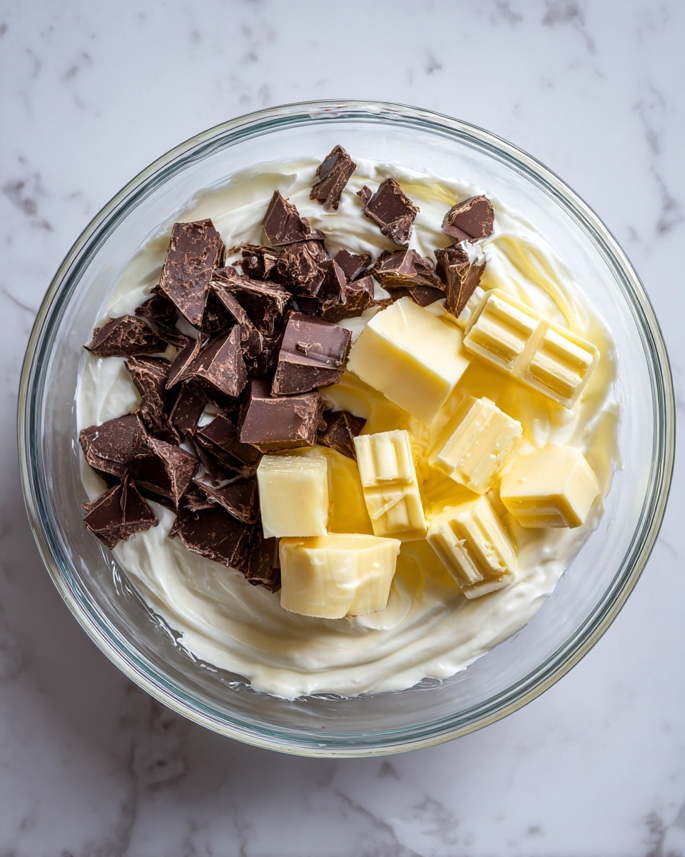 A clear glass bowl holds three layers of ingredients: a layer of white cream at the bottom, a layer of dark chocolate chunks scattered unevenly over the cream, and on top right, small cubes of pale yellow butter resting on some chocolate pieces. The bowl sits on a white marbled surface. photo taken with an iphone --ar 4:5 --v 7