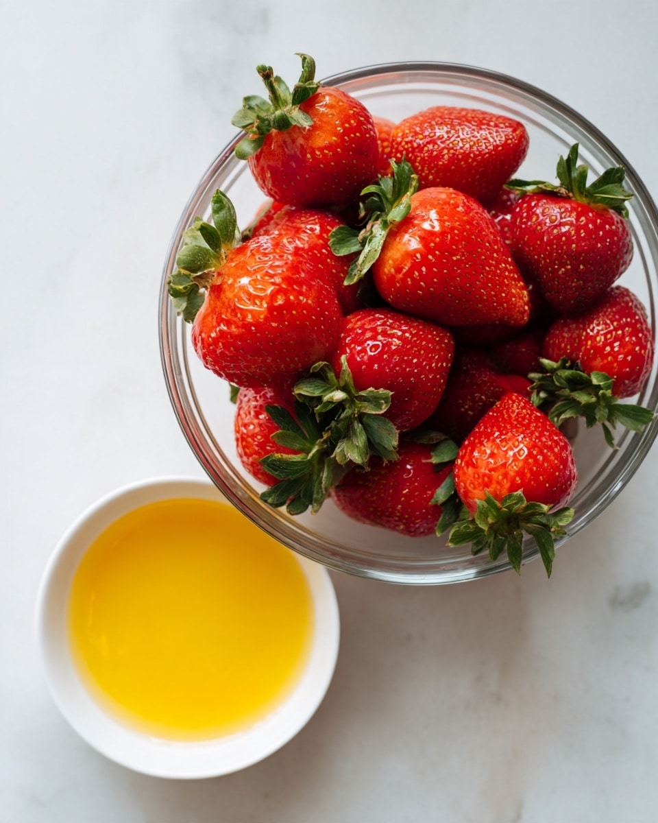 A clear glass bowl filled with bright red strawberries with green leaves, placed on a white marbled surface. Above the bowl, there is a small white bowl filled with bright yellow jam or sauce. The strawberries are fresh with smooth, shiny textures, and the bowl appears full but neat. The background and surface are clean and white marbled, making the colors of the strawberries and jam stand out. Photo taken with an iphone --ar 4:5 --v 7