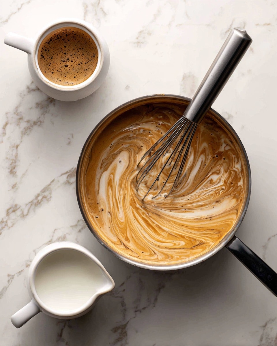 A metal pot on a white marbled surface contains a creamy light brown mixture with swirls of darker brown spices being stirred by a whisk with a black handle resting inside the pot. Below the pot is a white small pitcher filled with white liquid. The creamy mixture has smooth texture with varying shades of brown blending together. photo taken with an iphone --ar 4:5 --v 7