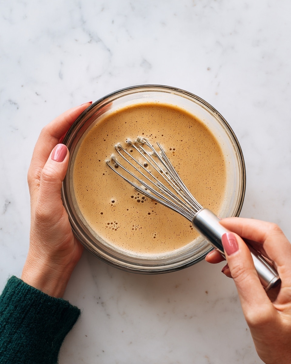 A clear glass bowl with a light brown, slightly foamy mixture inside, being whisked with a silver whisk that has a black handle. The bowl is placed on a white marbled surface. Two woman's hands are visible, one holding the bowl from the side with pink nail polish and the other gripping the whisk, both wearing dark green sleeves. The texture of the mixture is smooth with small bubbles throughout. photo taken with an iphone --ar 4:5 --v 7