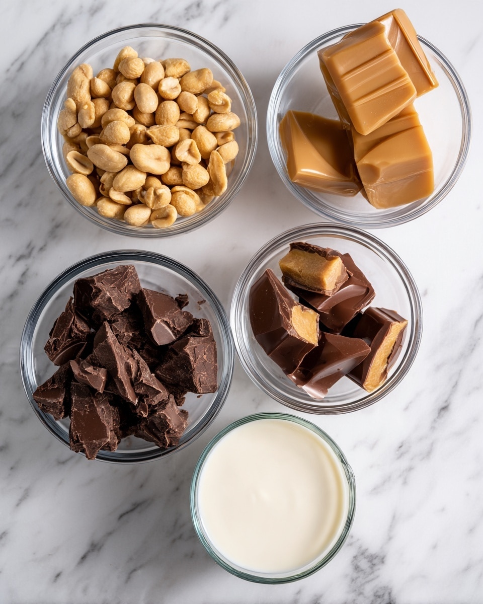 The image shows five clear glass bowls on a white marbled surface. The top left bowl is filled with light brown roasted peanuts that have a smooth texture. The top right bowl contains solid milk chocolate blocks, with a shiny and slightly ridged surface. The middle right bowl holds soft, smooth caramel pieces that are light brown and slightly glossy. The bottom left bowl is filled with broken dark chocolate chunks that have a matte finish and rough edges. Below to the right is a small clear glass cup filled with creamy white condensed milk. photo taken with an iphone --ar 4:5 --v 7