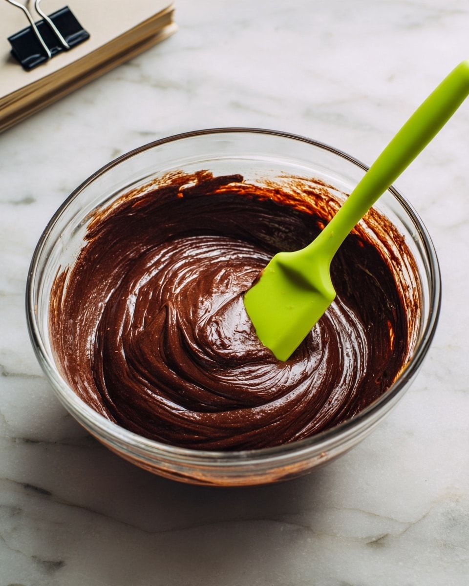 A clear glass bowl sits on a white marbled surface, filled with a thick, smooth, dark brown chocolate mixture that has a shiny, creamy texture. In the bowl, a bright lime green spatula is partially dipped into the chocolate, resting near the center with some chocolate on its flat edge. The background shows part of a closed, worn-looking book or notebook with a black paper clip on the edge. The scene is lit softly to highlight the rich texture of the chocolate. photo taken with an iphone --ar 4:5 --v 7