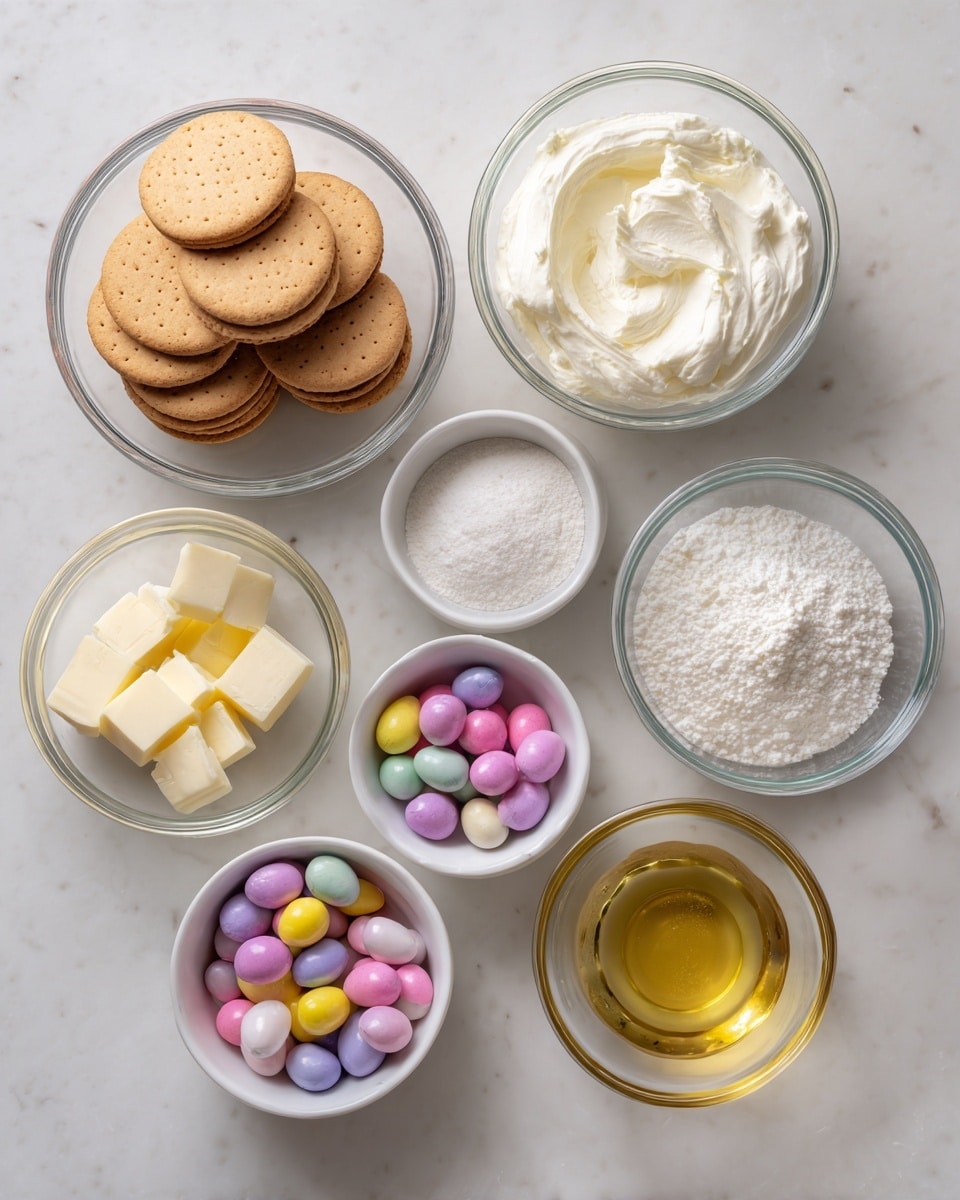 The image shows seven glass and white bowls on a white marbled surface, each with different ingredients for a recipe. There are two medium glass bowls at the back, one filled with white cream cheese and the other with a white liquid cream. Below them, there are five smaller white bowls: one with cubed pale yellow butter, one with white powdered sugar, one with small candy-coated pastel eggs in yellow, pink, purple, and white, and finally, a bowl with a light golden liquid, possibly vanilla extract. To the left is a medium glass bowl holding round light brown biscuits stacked on top of each other. photo taken with an iphone --ar 4:5 --v 7