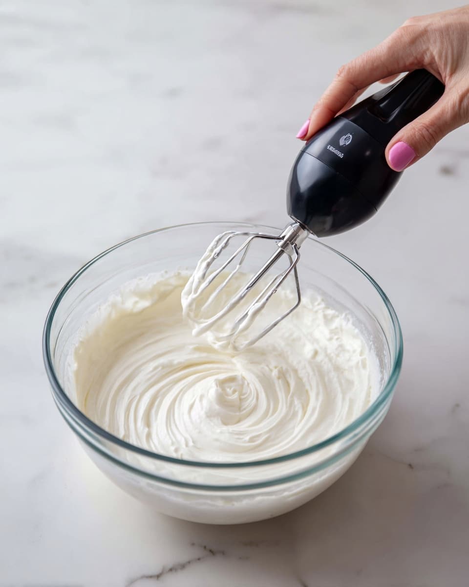 A clear glass bowl sits on a white marbled surface filled with creamy white whipped mixture being mixed by a black electric hand mixer with two metal beaters in motion. A woman's hand is gently holding the side of the bowl, showing soft pink nails. The texture of the mixture is smooth and thick with swirls created by the beaters. The background is softly out of focus, highlighting the bowl and the mixing process. photo taken with an iphone --ar 4:5 --v 7
